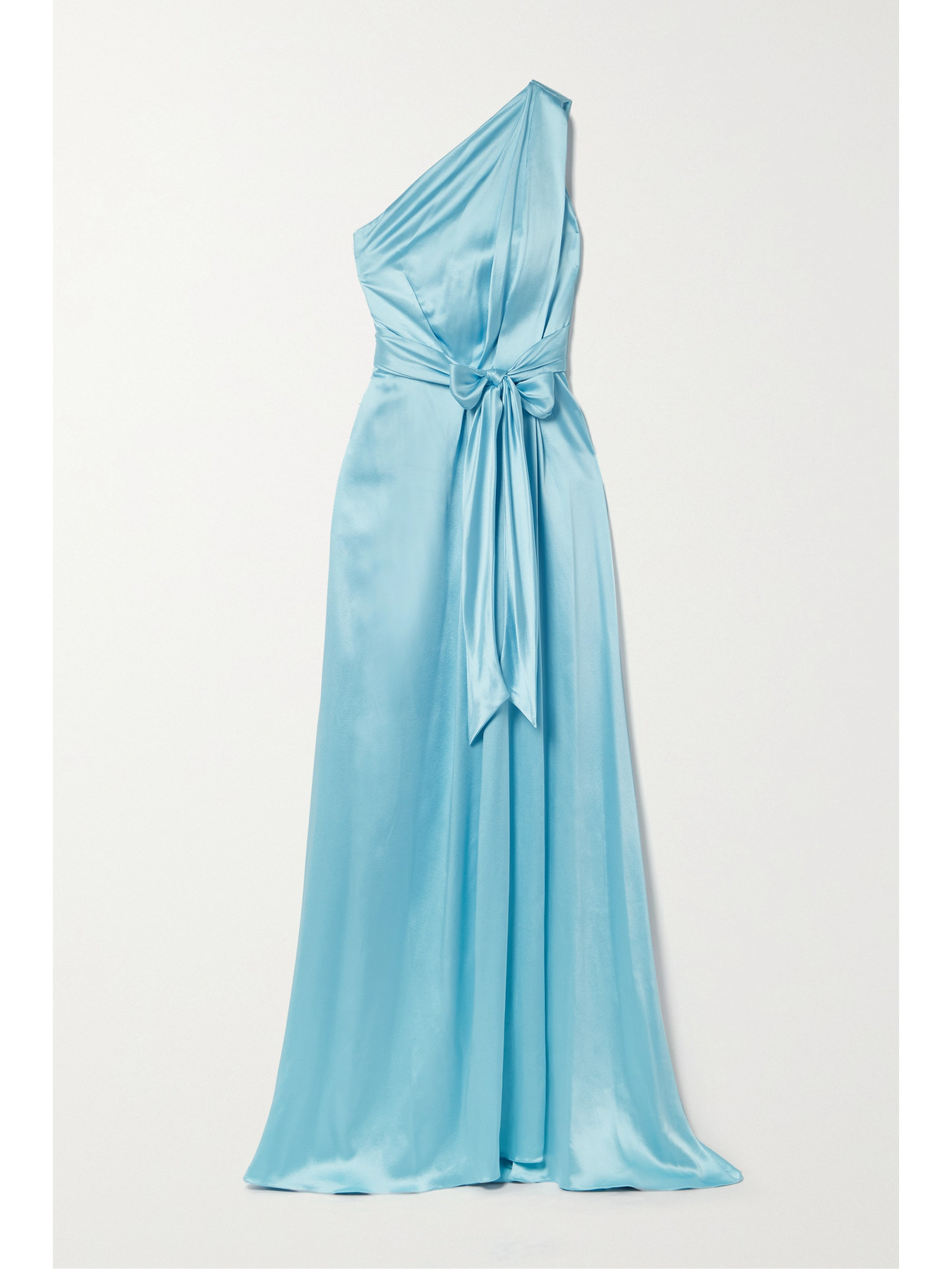 Monique Lhuillier One-shoulder Belted Draped Silk-satin Gown In Blue