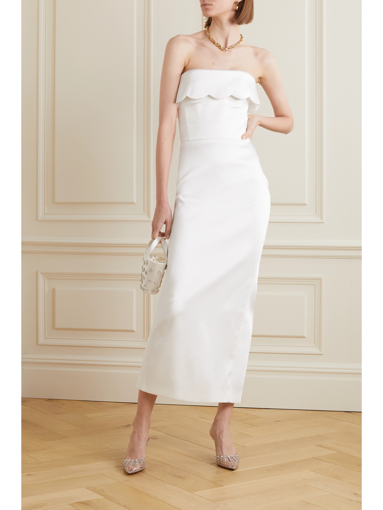 Shop Rasario Strapless Scalloped Duchesse-satin Maxi Dress In White