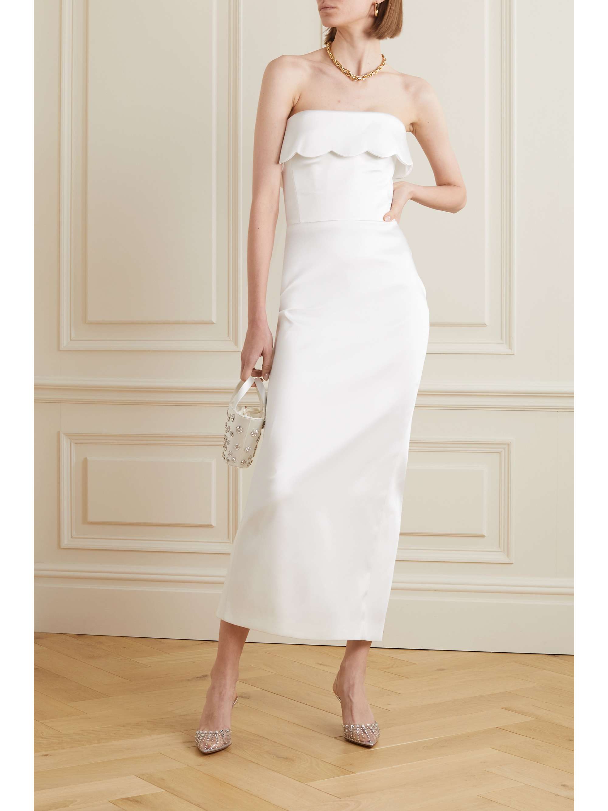 White Strapless scalloped duchesse-satin maxi dress | RASARIO | NET-A ...