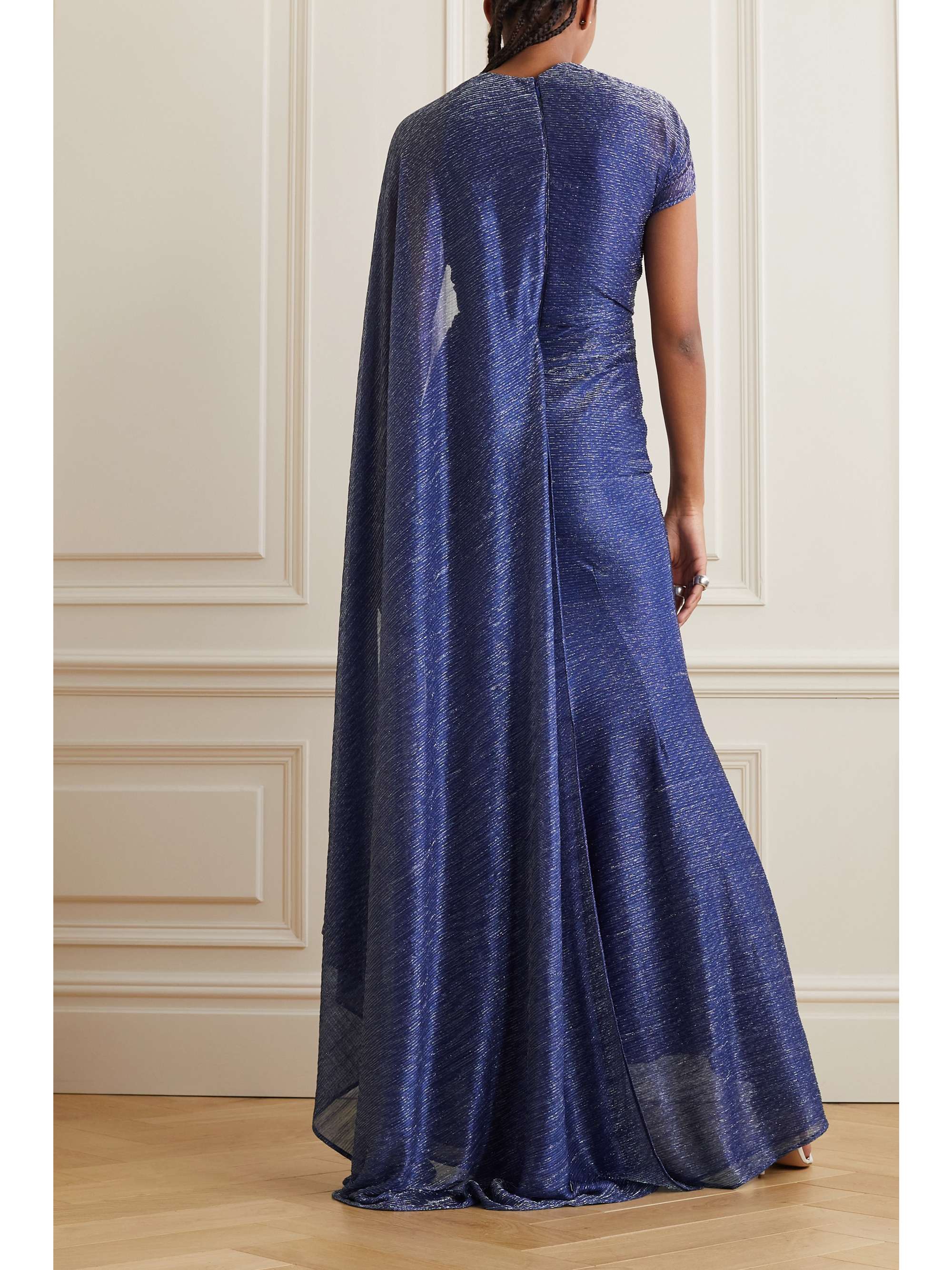 TALBOT RUNHOF Asymmetric cape-effect metallic voile gown