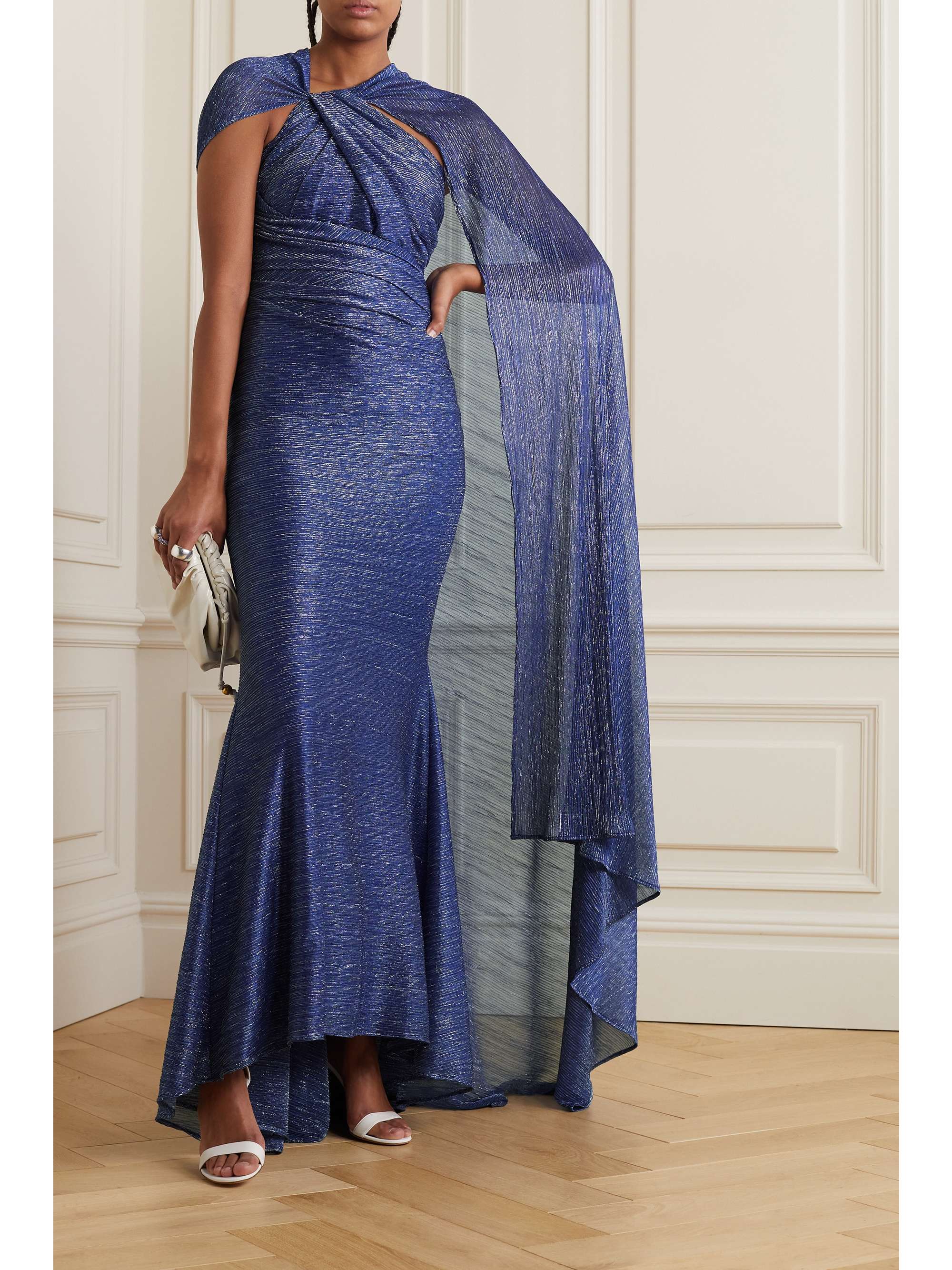 TALBOT RUNHOF Asymmetric cape-effect metallic voile gown