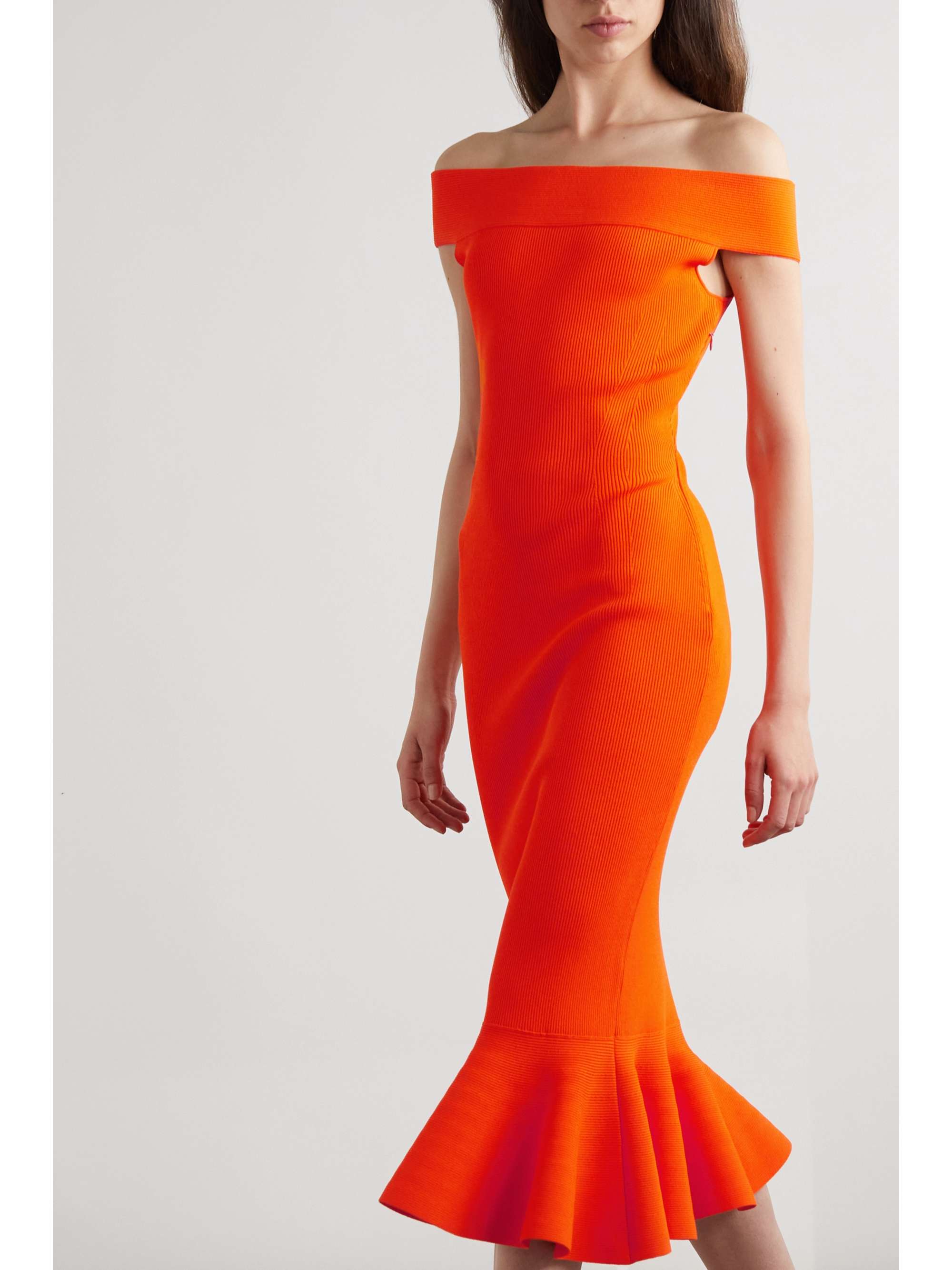 Orange Sirene offtheshoulder ribbed stretchknit midi dress