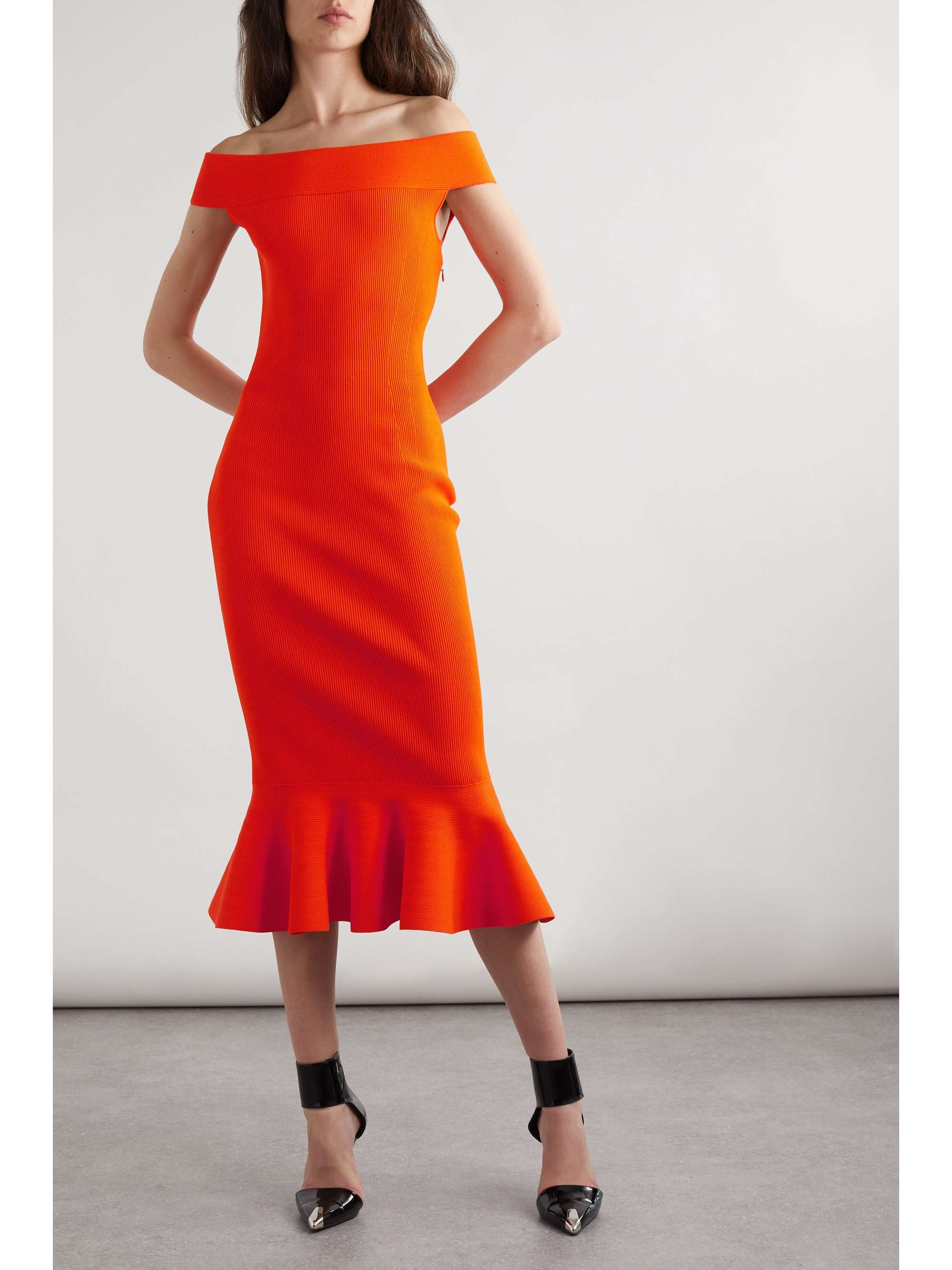 Orange Sirene offtheshoulder ribbed stretchknit midi dress