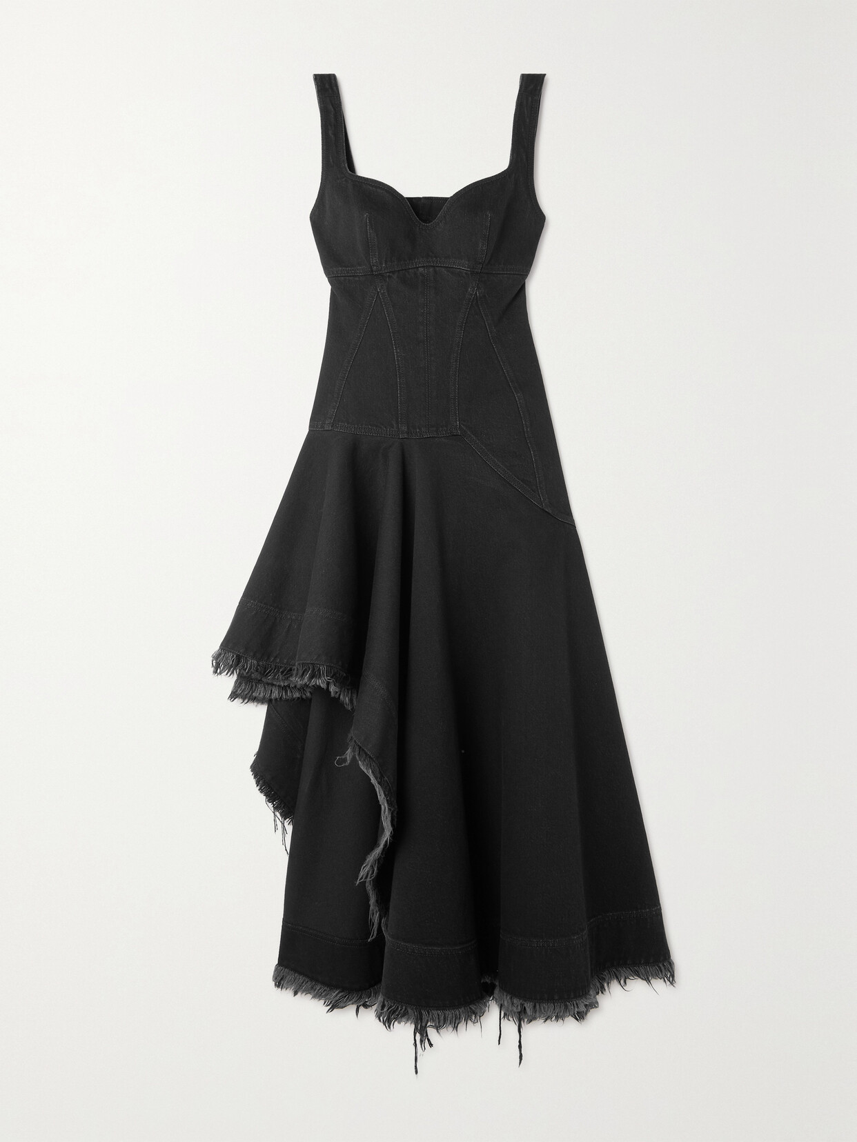 ALEXANDER MCQUEEN ASYMMETRIC DISTRESSED COTTON-TWILL MIDI DRESS