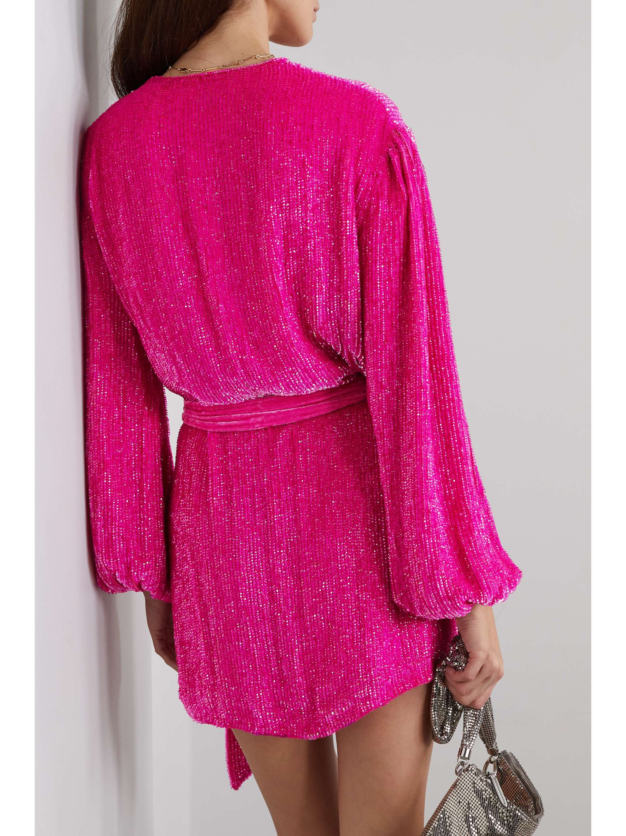 RETROFÊTE Gabrielle velvet-trimmed sequined chiffon wrap mini dress