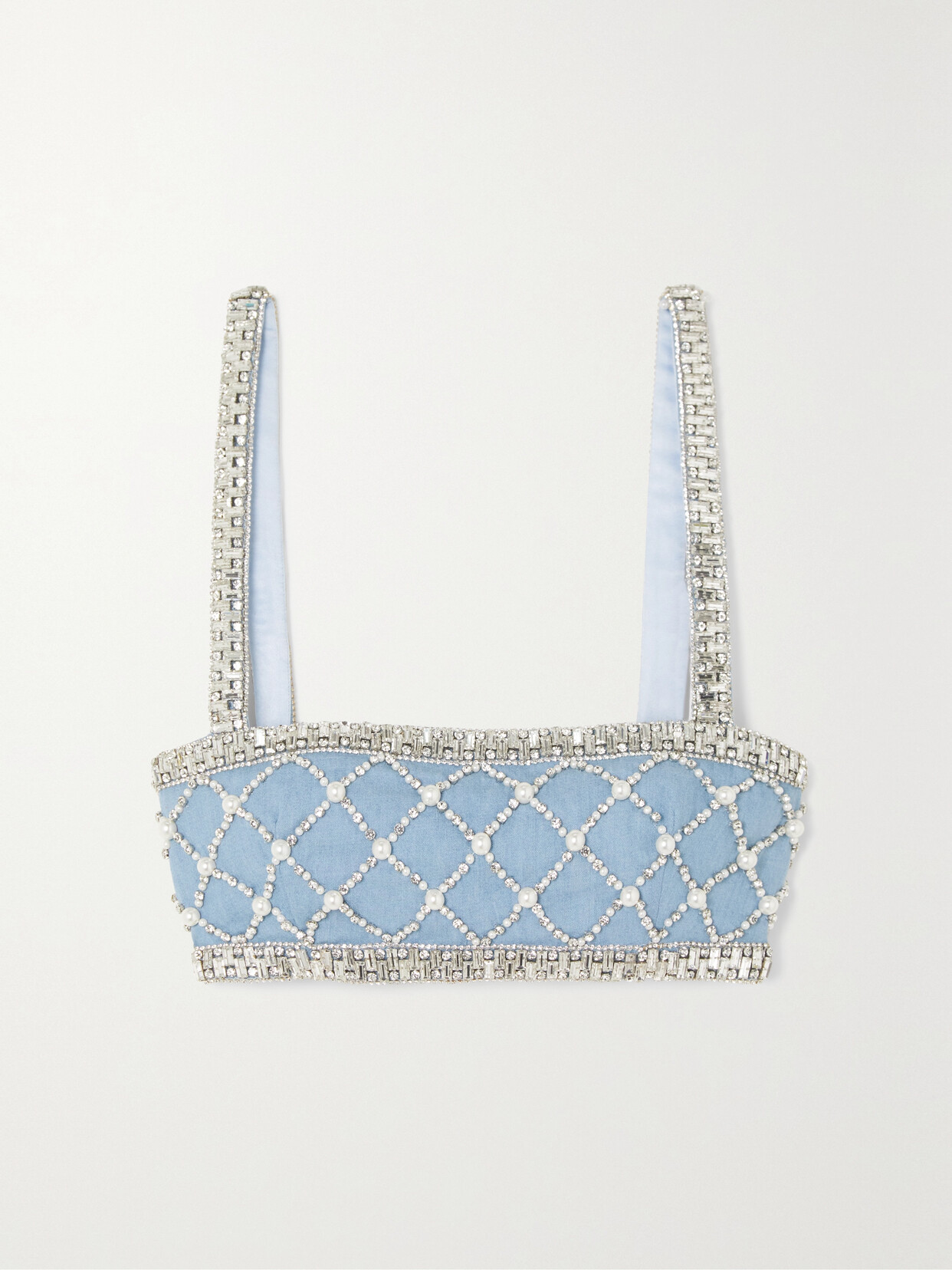 Retroféte Jezebel Cropped Crystal And Faux Pearl-embellished Cotton-chambray Top In Blue & Silver