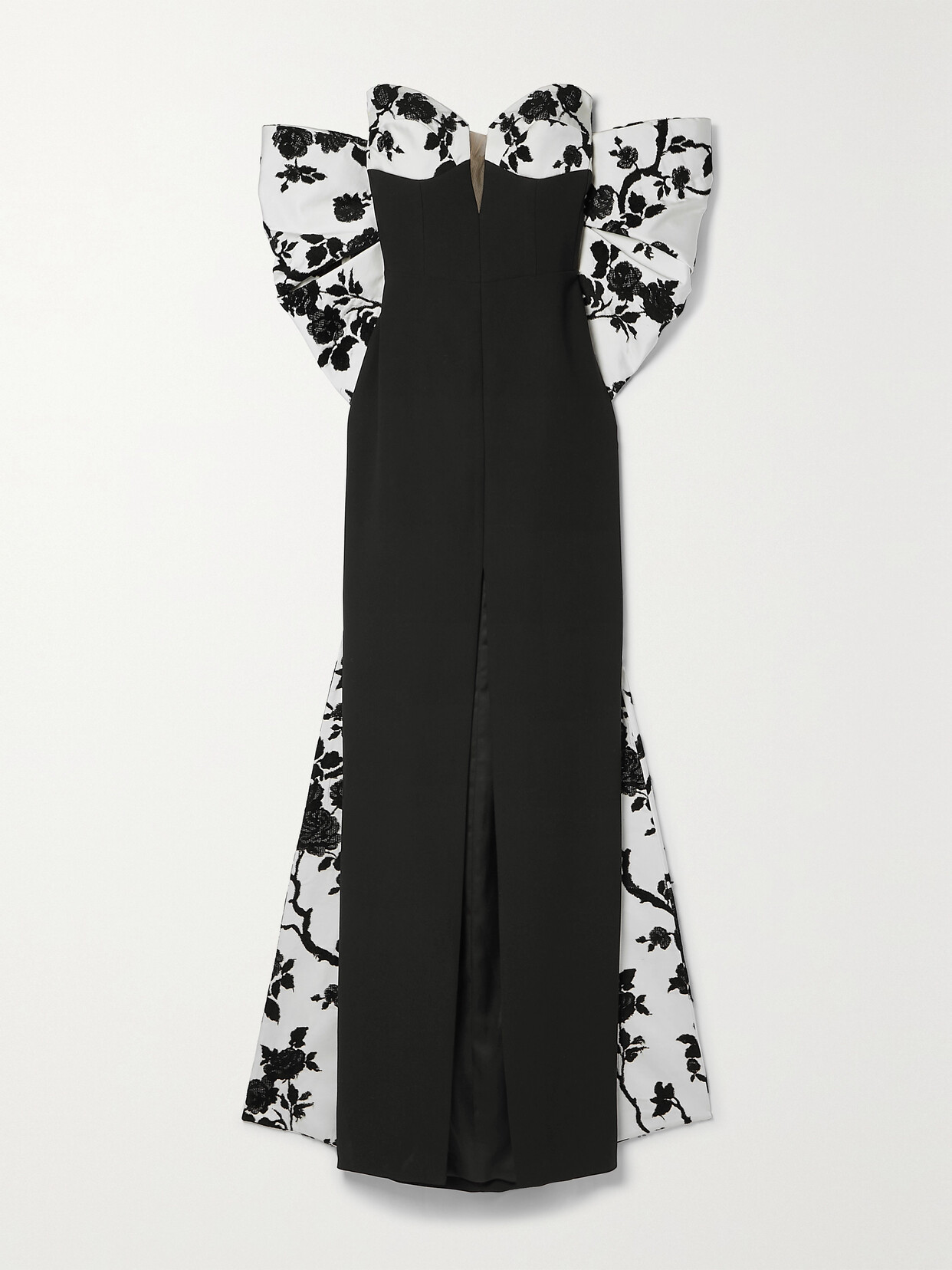 RASARIO - Strapless Bow-embellished Paneled Floral-jacquard And Crepe Gown - Black