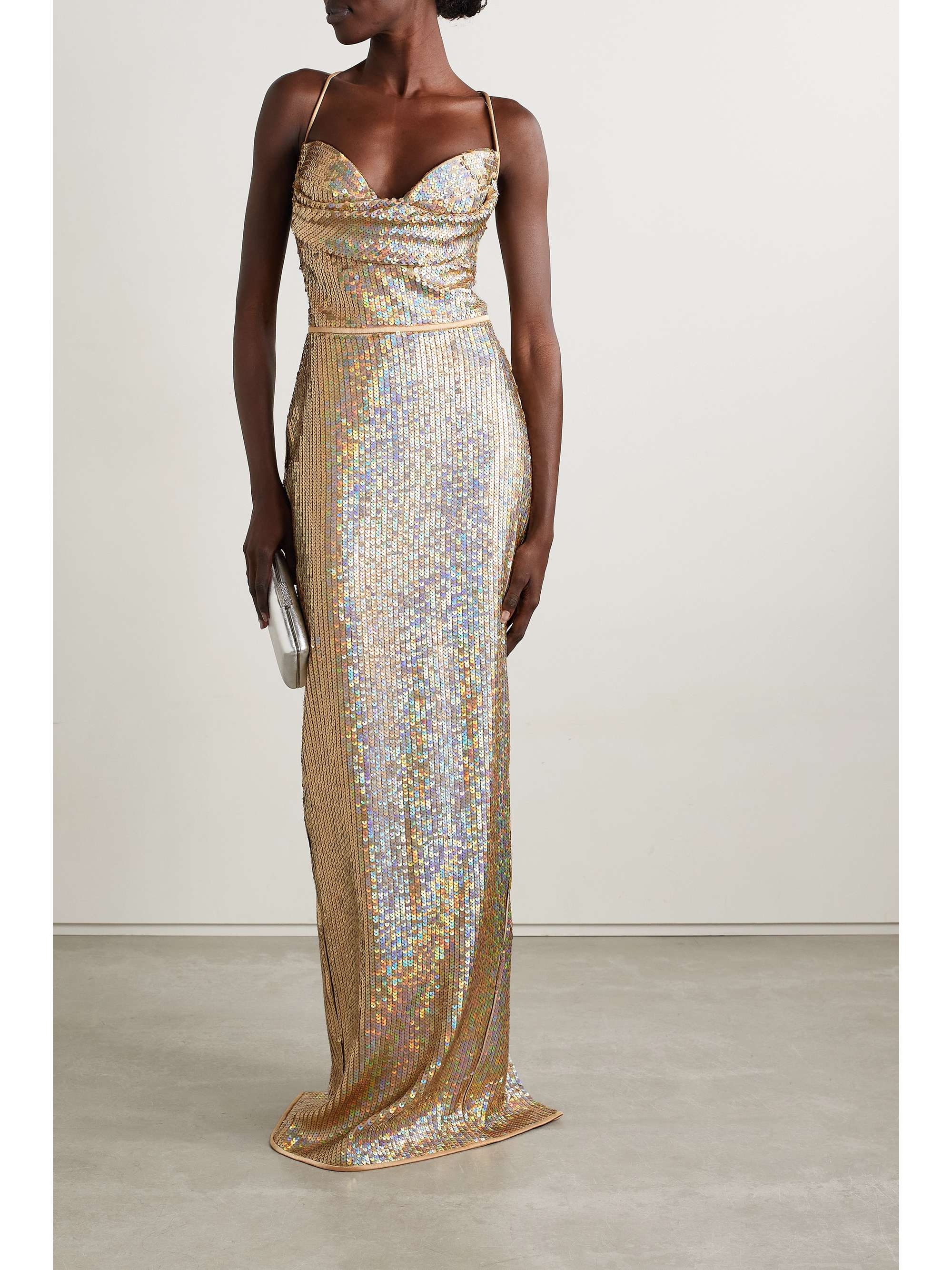 RASARIO Open-back draped sequined satin gown | NET-A-PORTER