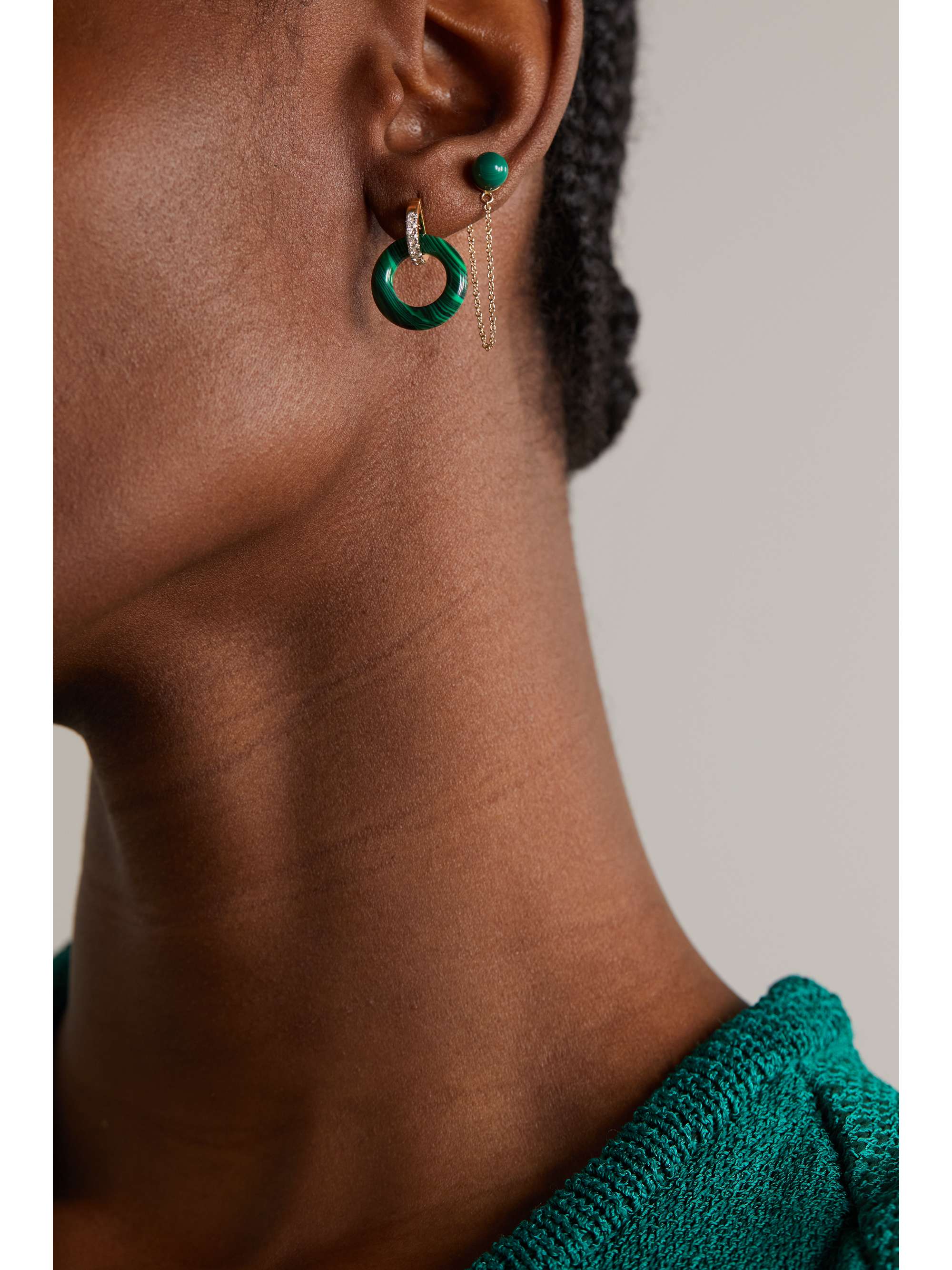 MATEO Door Knockers 14-karat gold, malachite and diamond hoop earrings