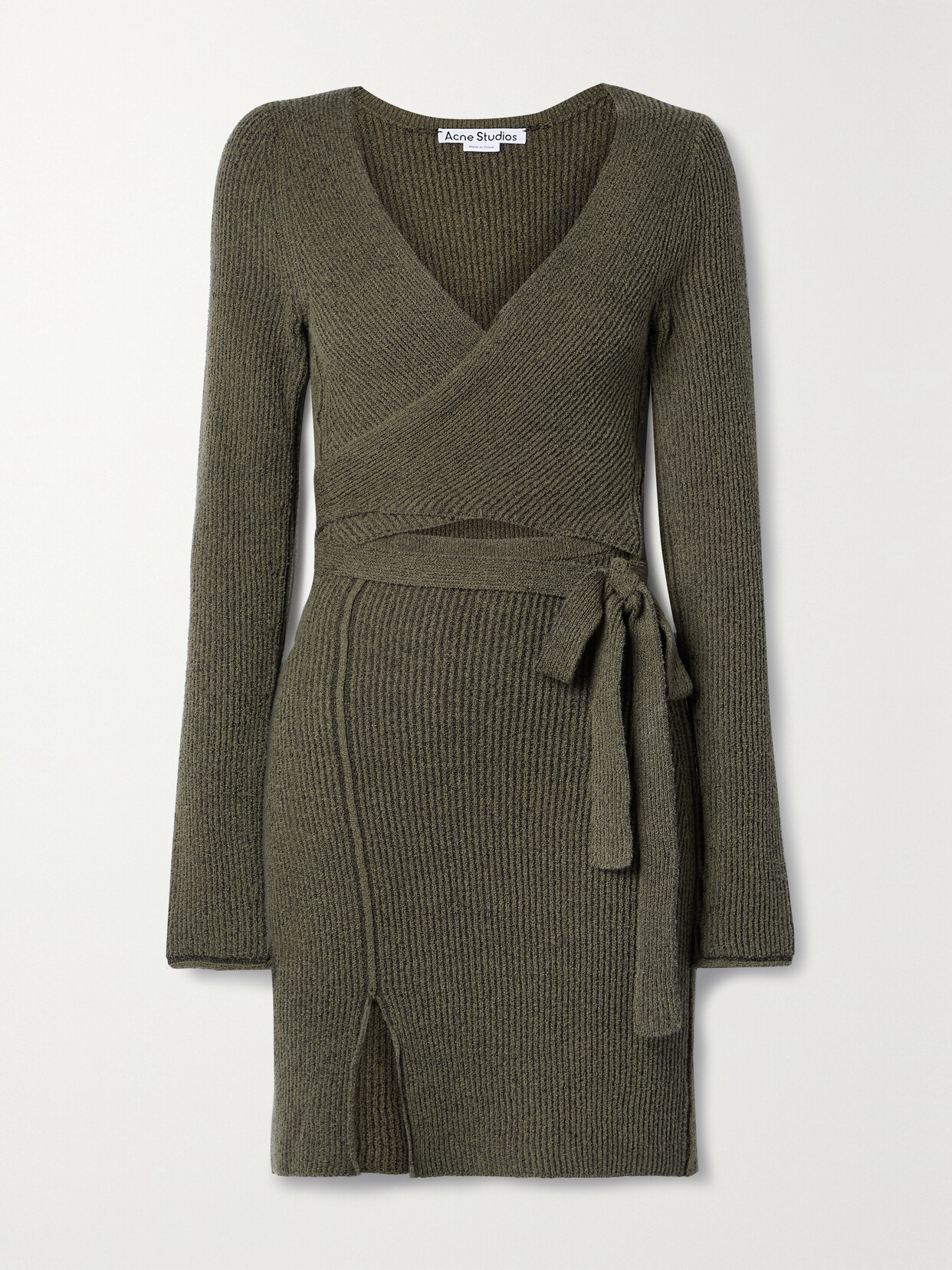 Shop Acne Studios Ribbed-knit Mini Wrap Dress In Green