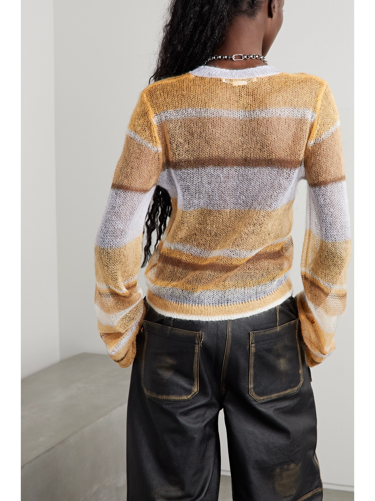 Karis Stripe Open Stitch Crewneck Mohair & Wool Blend Sweater In  Orange,beige,light Blue