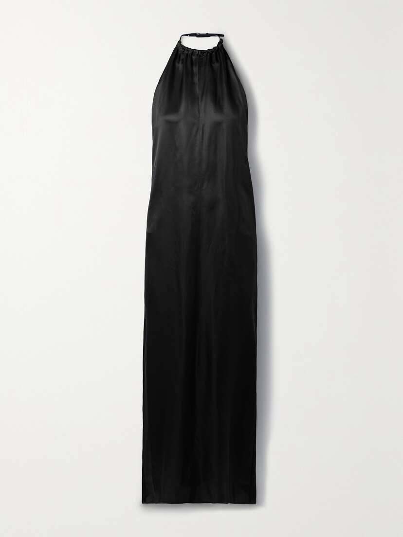 Acne Studios Gathered Leather-trimmed Satin Halterneck Maxi Dress - EU 42