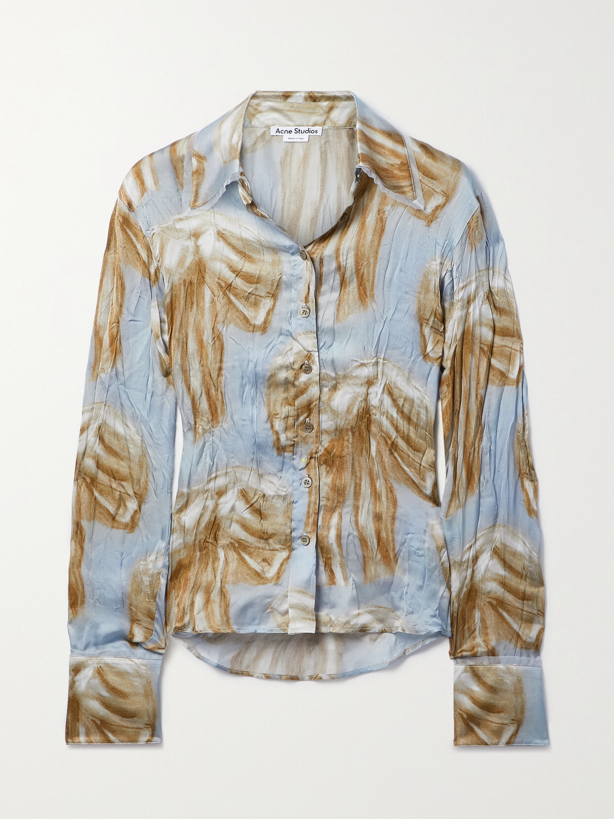 Acne Studios Tulle-trimmed Printed Crinkled-satin Blouse In Light Blue