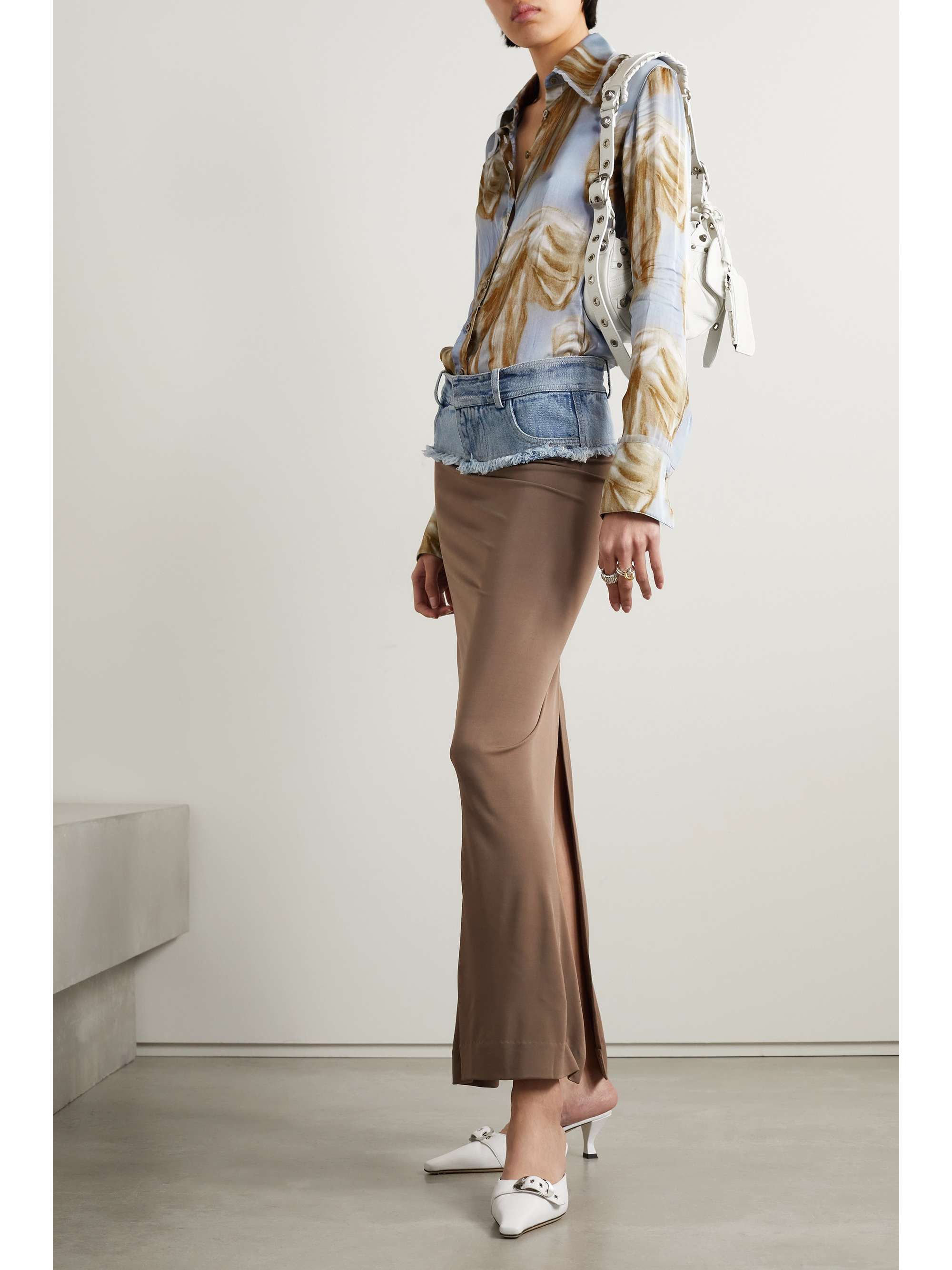 ACNE STUDIOS Tulle-trimmed printed crinkled-satin blouse