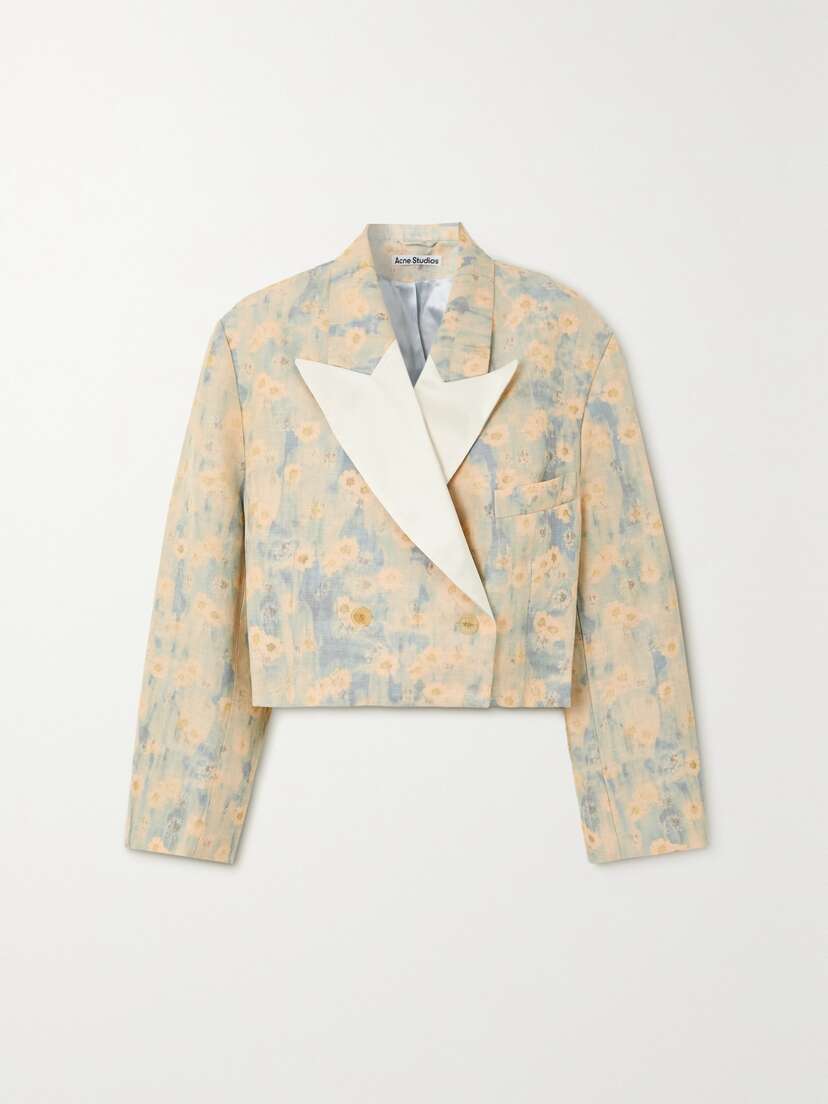 Acne Studios Cropped Double-breasted Satin-trimmed Floral-print Canvas Blazer