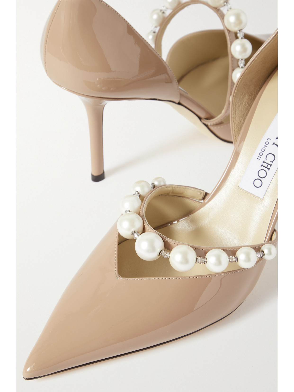 Shop Jimmy Choo Aurelie 85 Embellished Patent-leather Point-toe Pumps In Neutrals