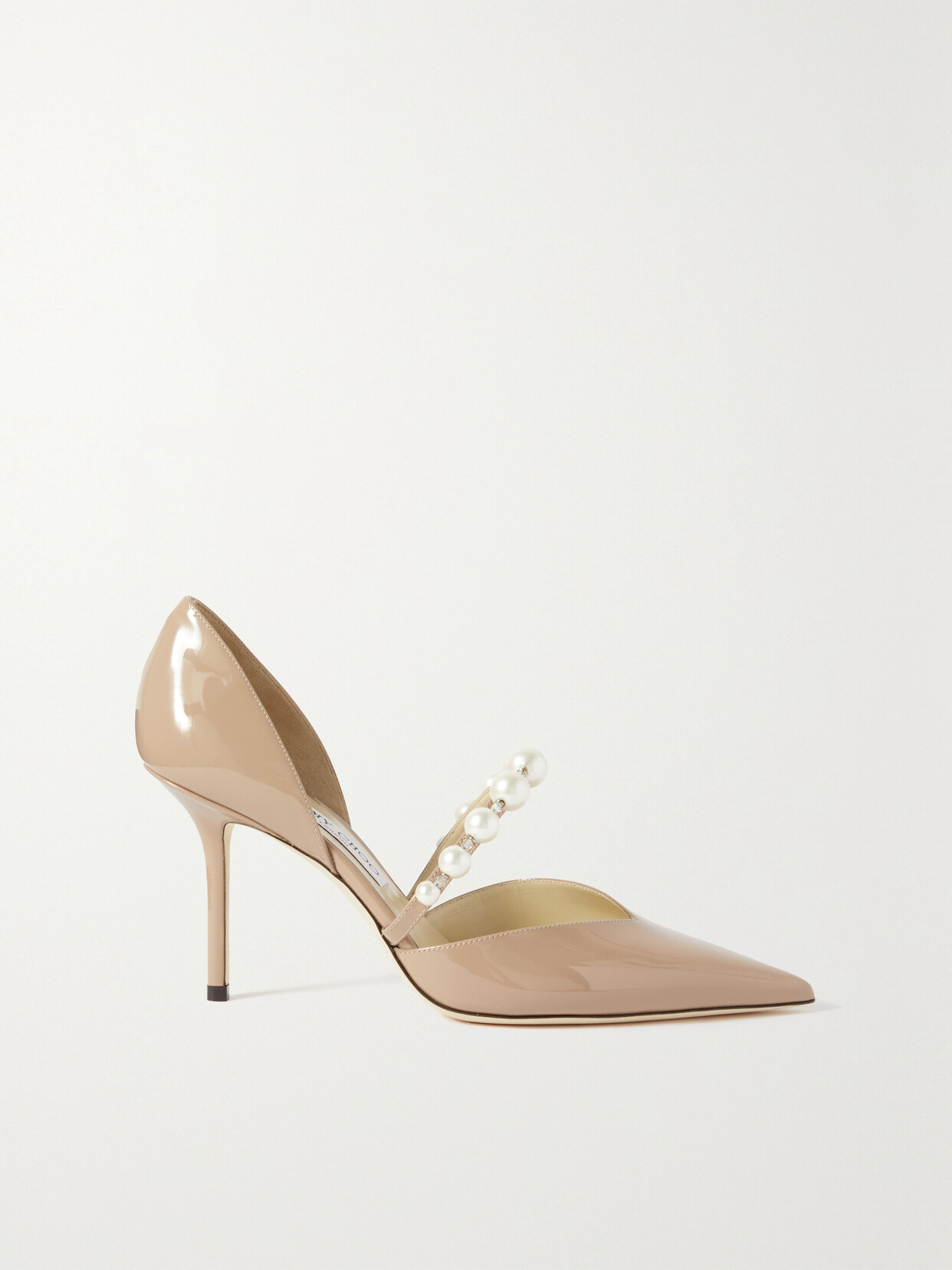 Shop Jimmy Choo Aurelie 85 Embellished Patent-leather Point-toe Pumps In Neutrals