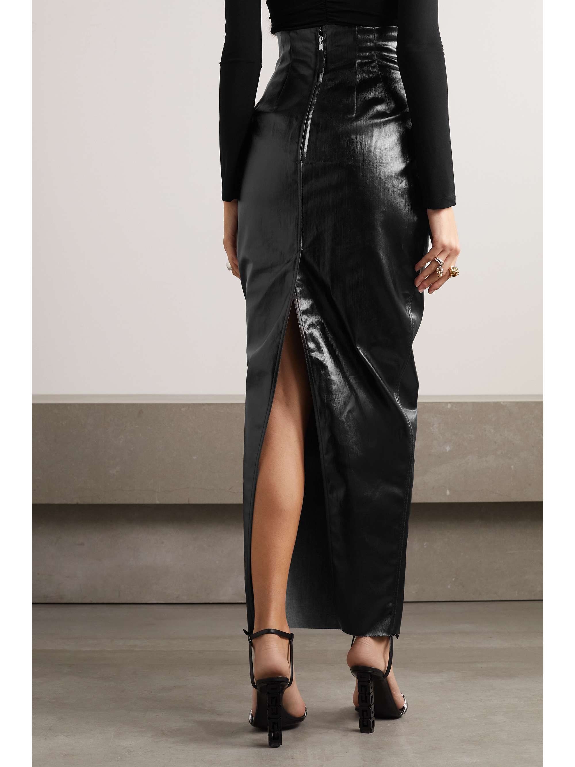 Coated-denim midi skirt
