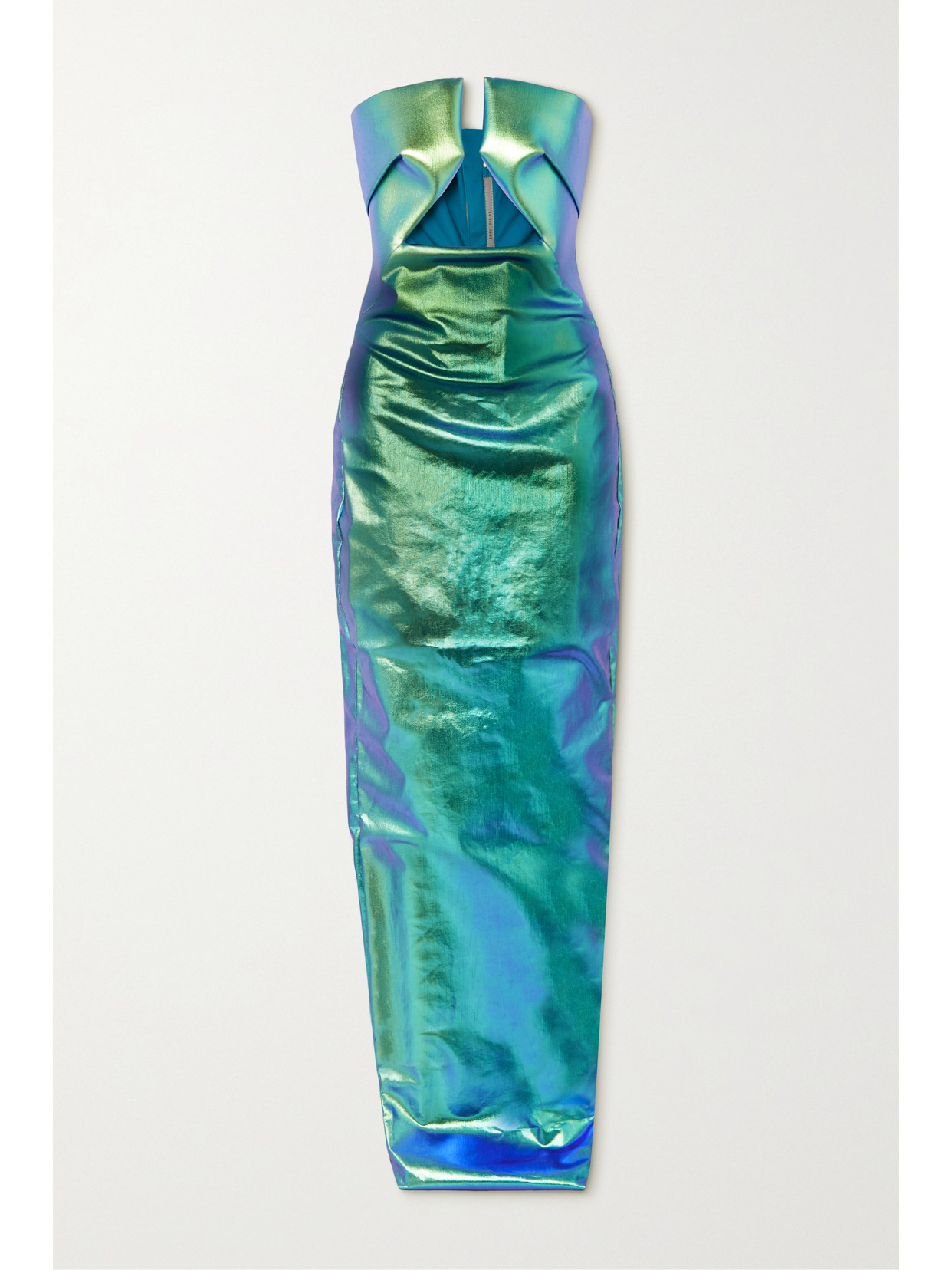 RICK OWENS STRAPLESS CUTOUT METALLIC COATED-DENIM GOWN