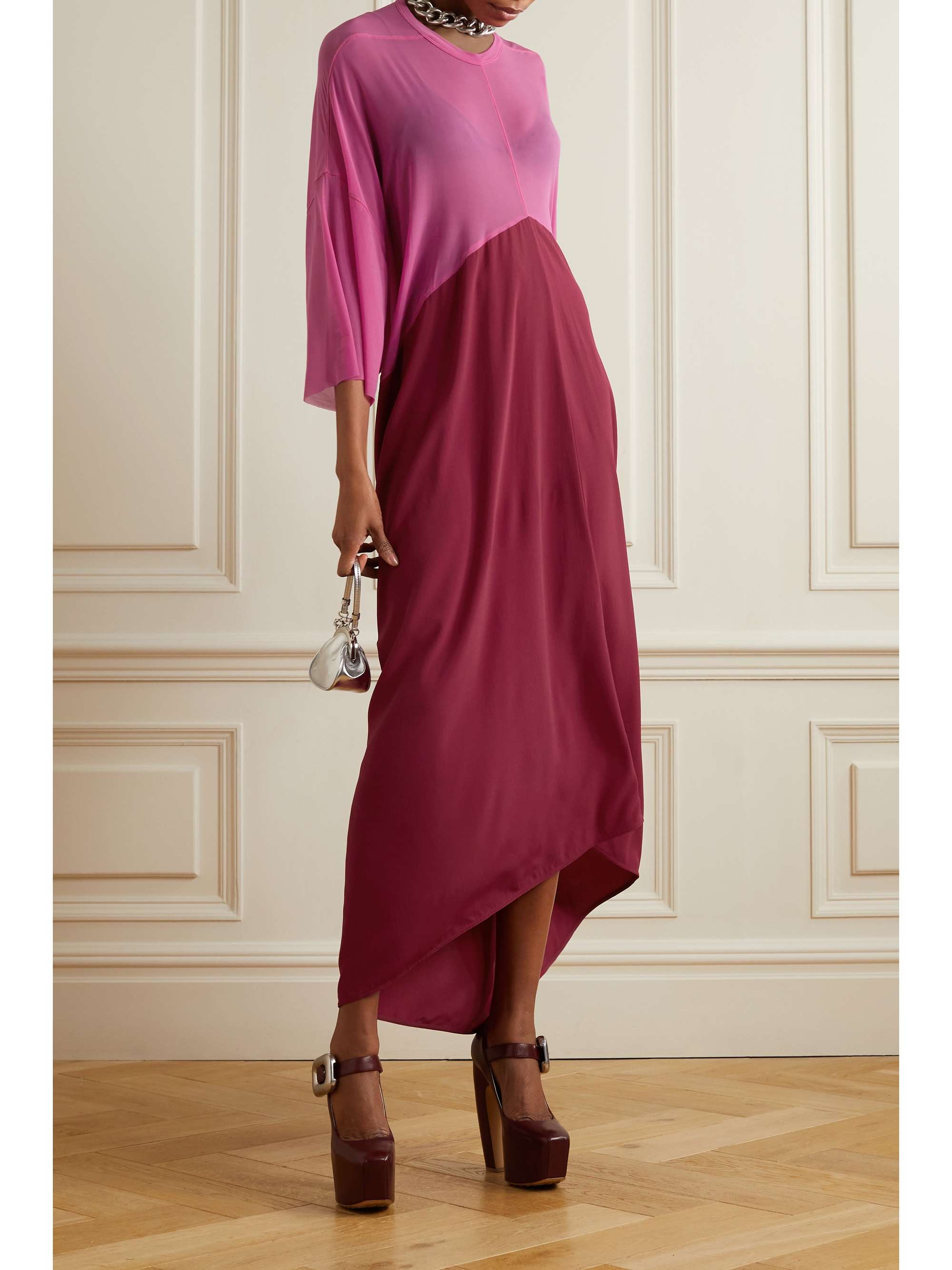 RICK OWENS Paneled chiffon and crepe de chine maxi dress