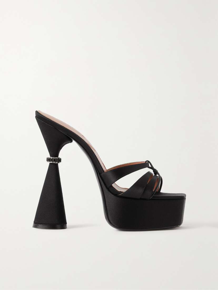 D'Accori Sienna Leather-trimmed Embellished Satin Platform Mules