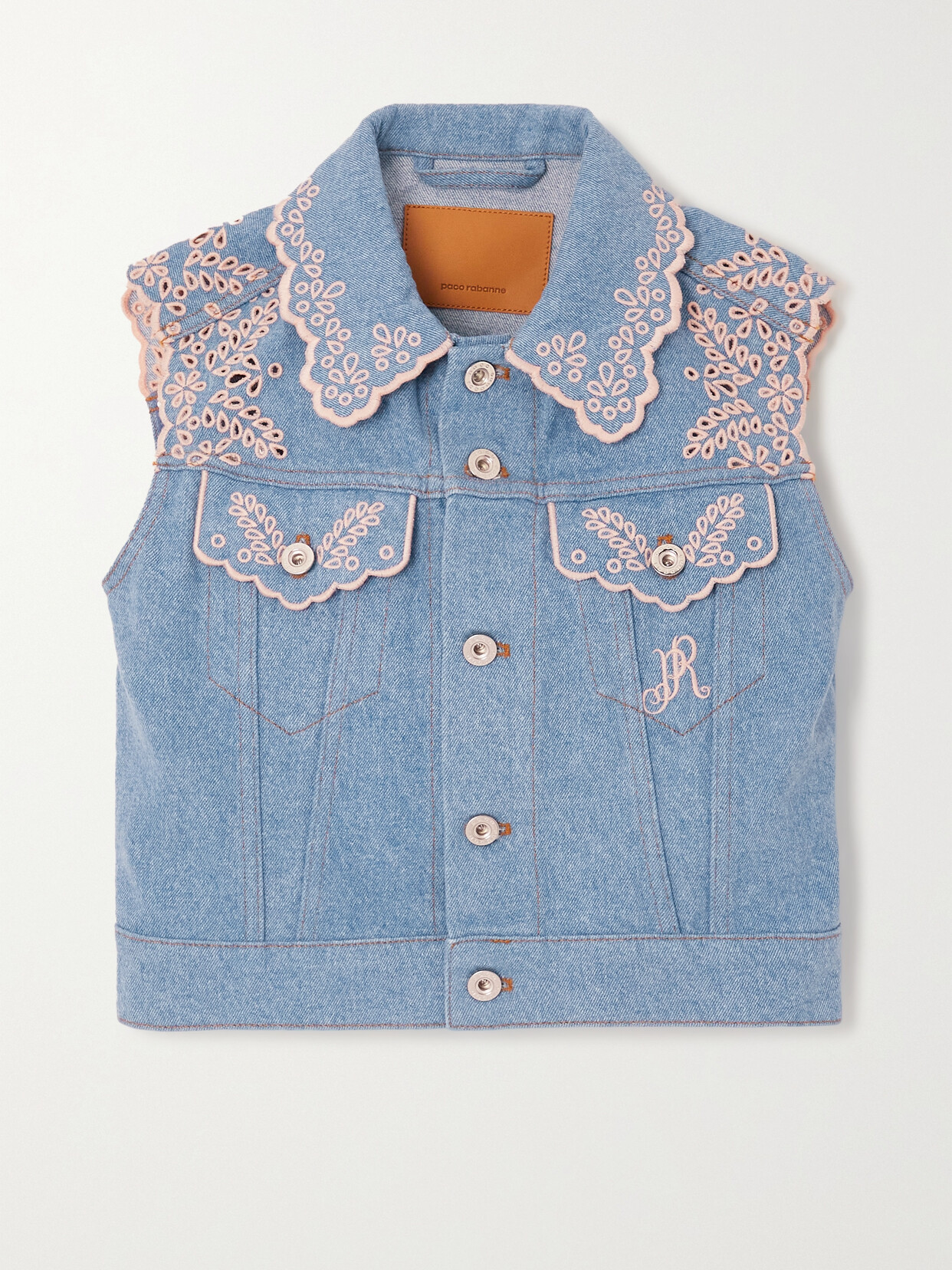 RABANNE CROPPED BRODERIE ANGLAISE-TRIMMED DENIM VEST