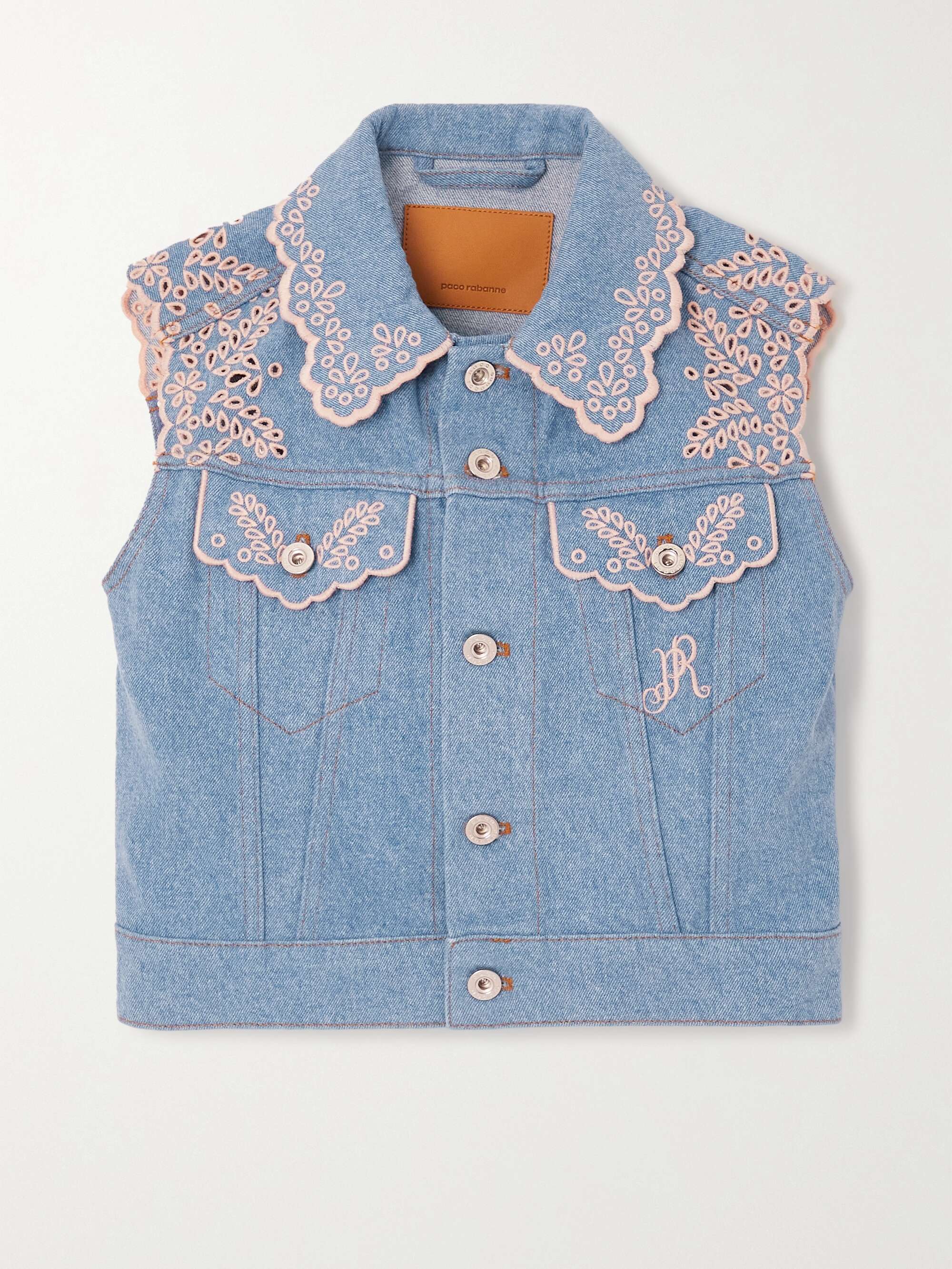 PACO RABANNE Cropped broderie anglaise trimmed denim vest NET A