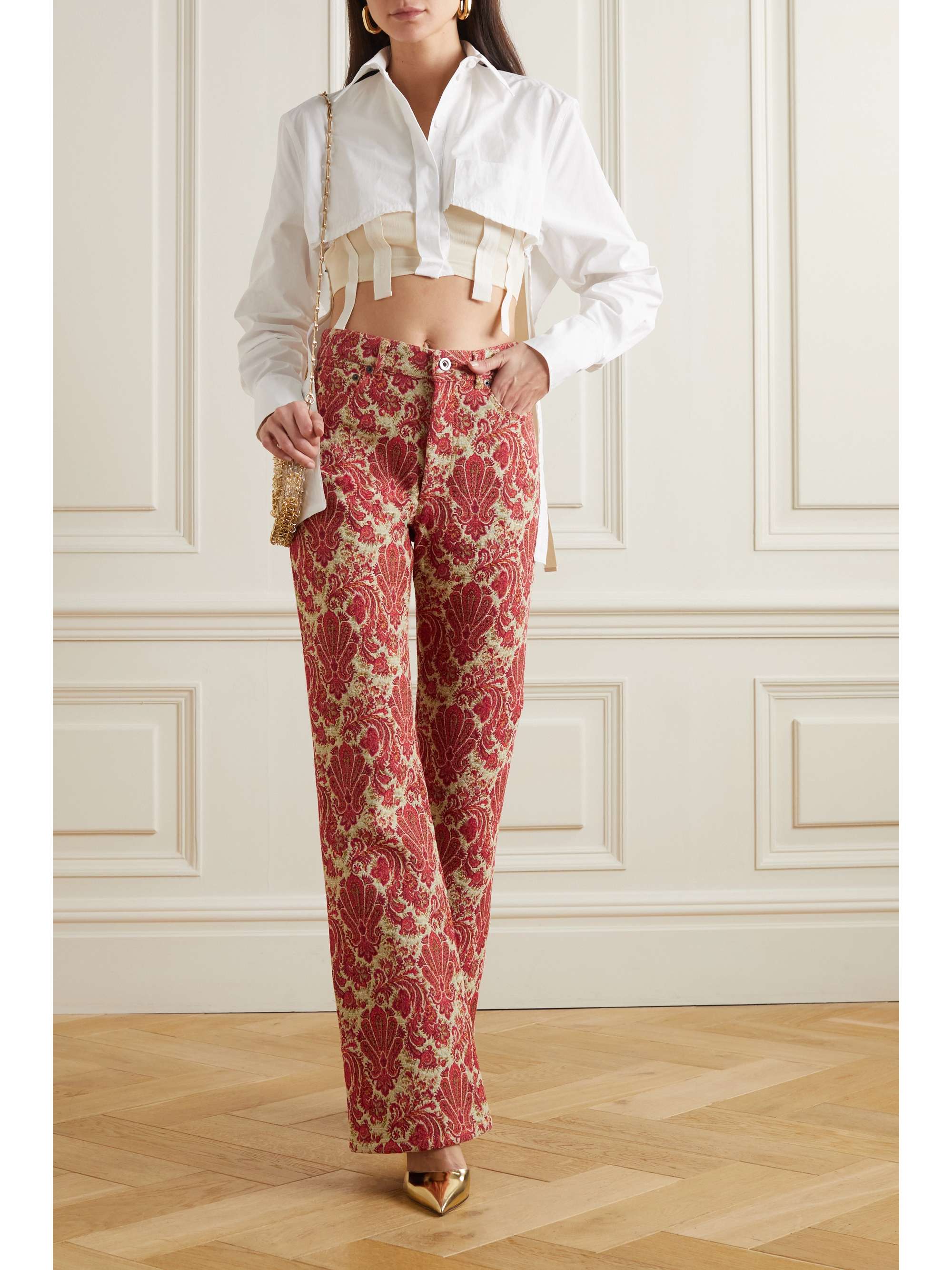 Red Floraljacquard straightleg pants PACO RABANNE NETAPORTER