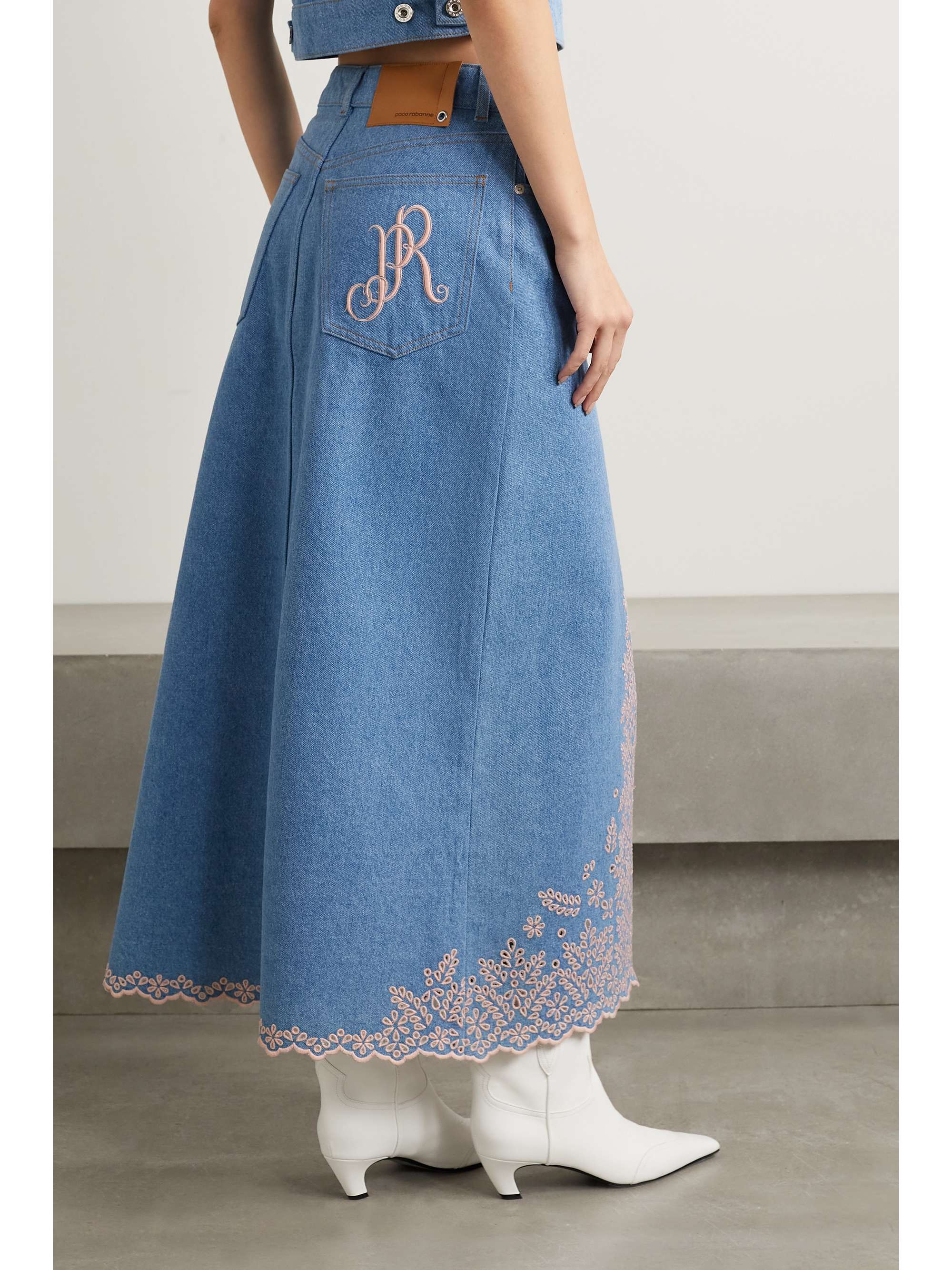 PACO RABANNE Broderie anglaise denim midi skirt