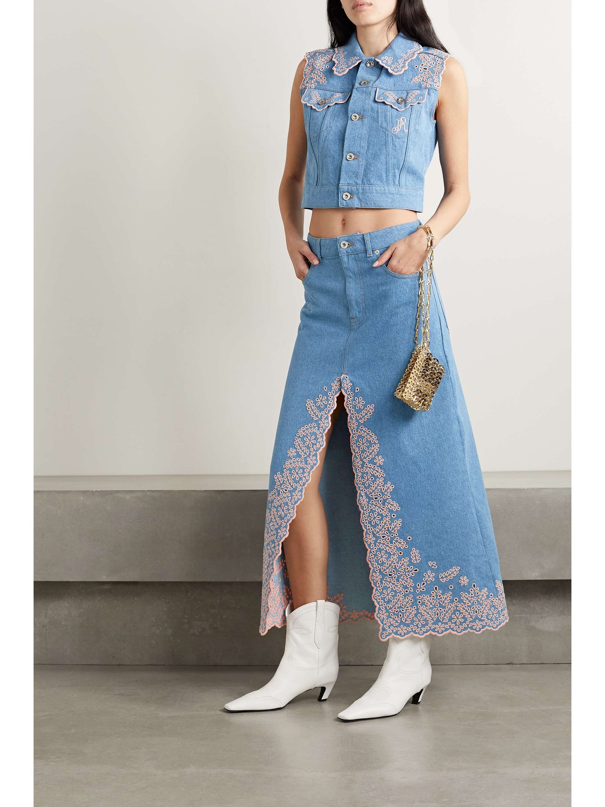 PACO RABANNE Broderie anglaise denim midi skirt