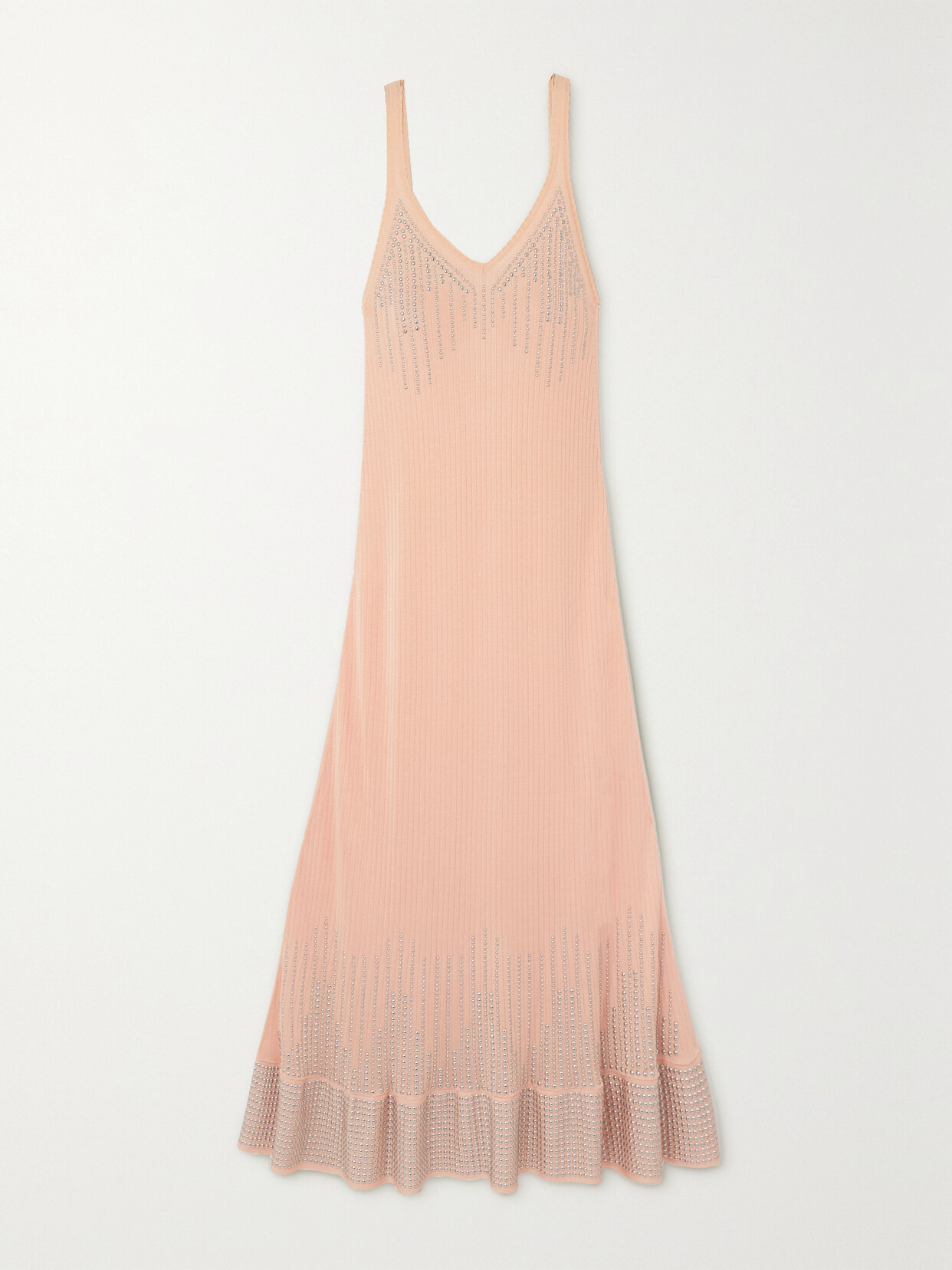 Rabanne - Studded Ruffled Ribbed-knit Maxi Dress - Neutrals