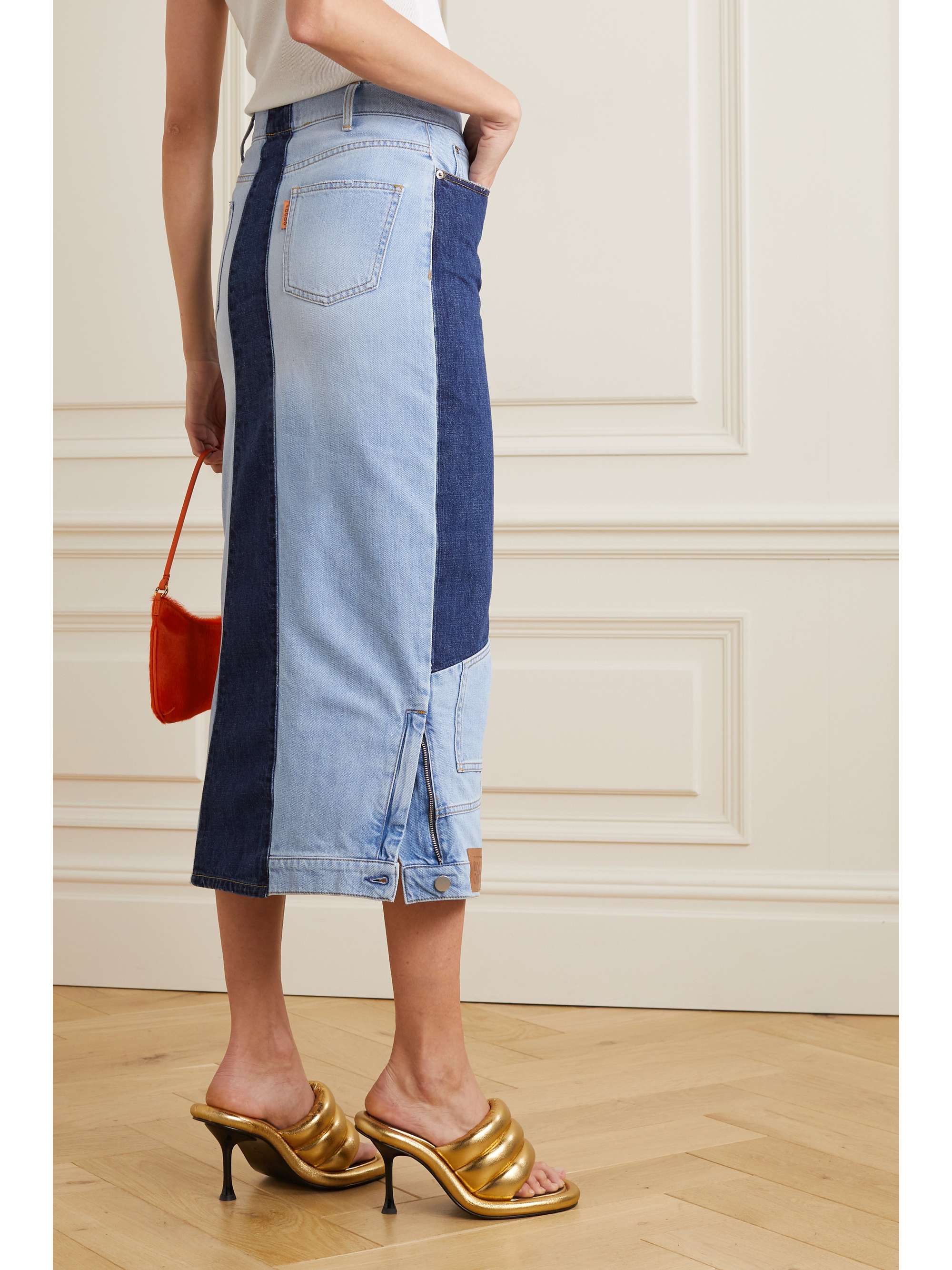 DODO BAR OR Nash two-tone patchwork denim midi skirt