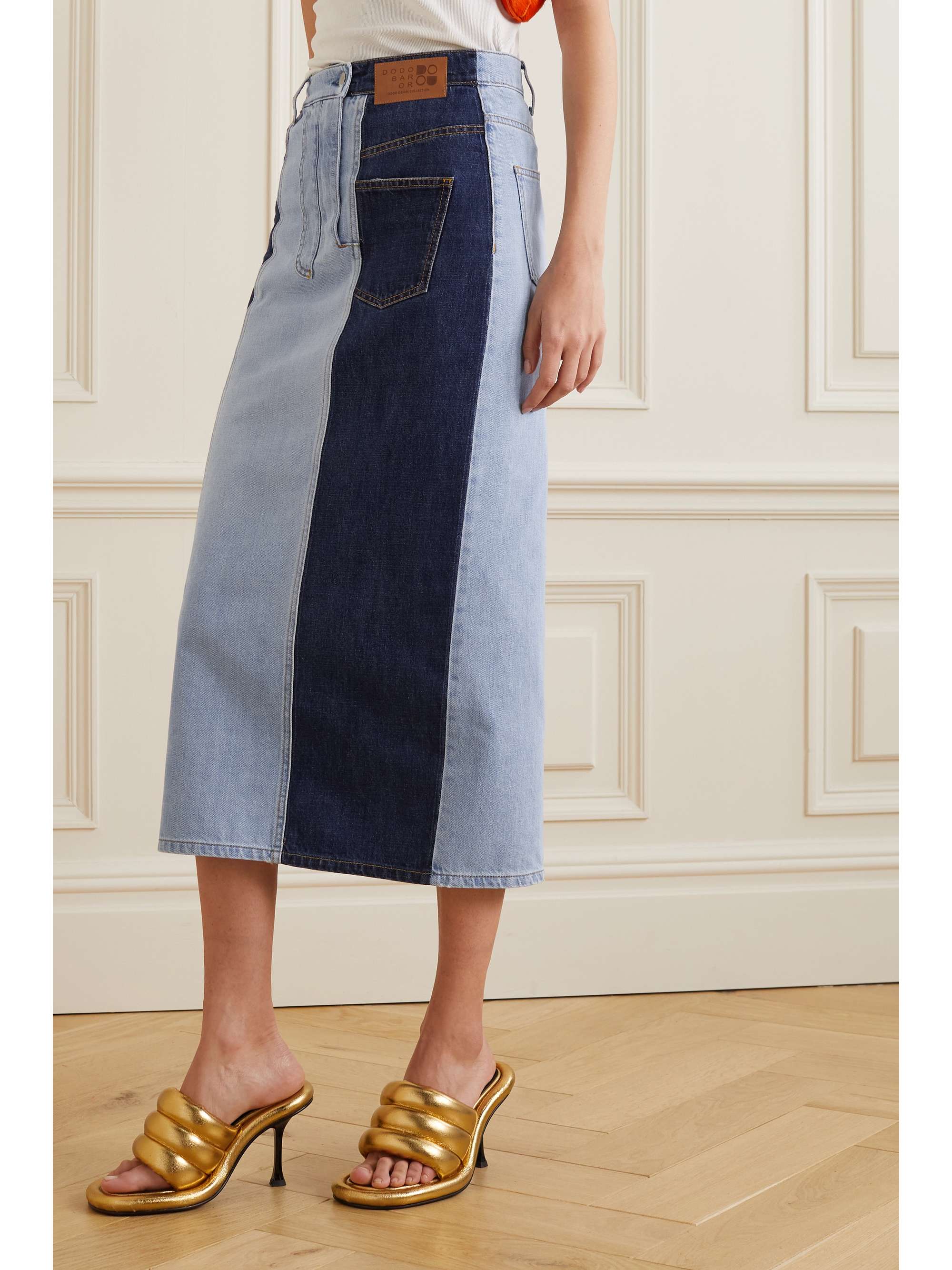 DODO BAR OR Nash two-tone patchwork denim midi skirt