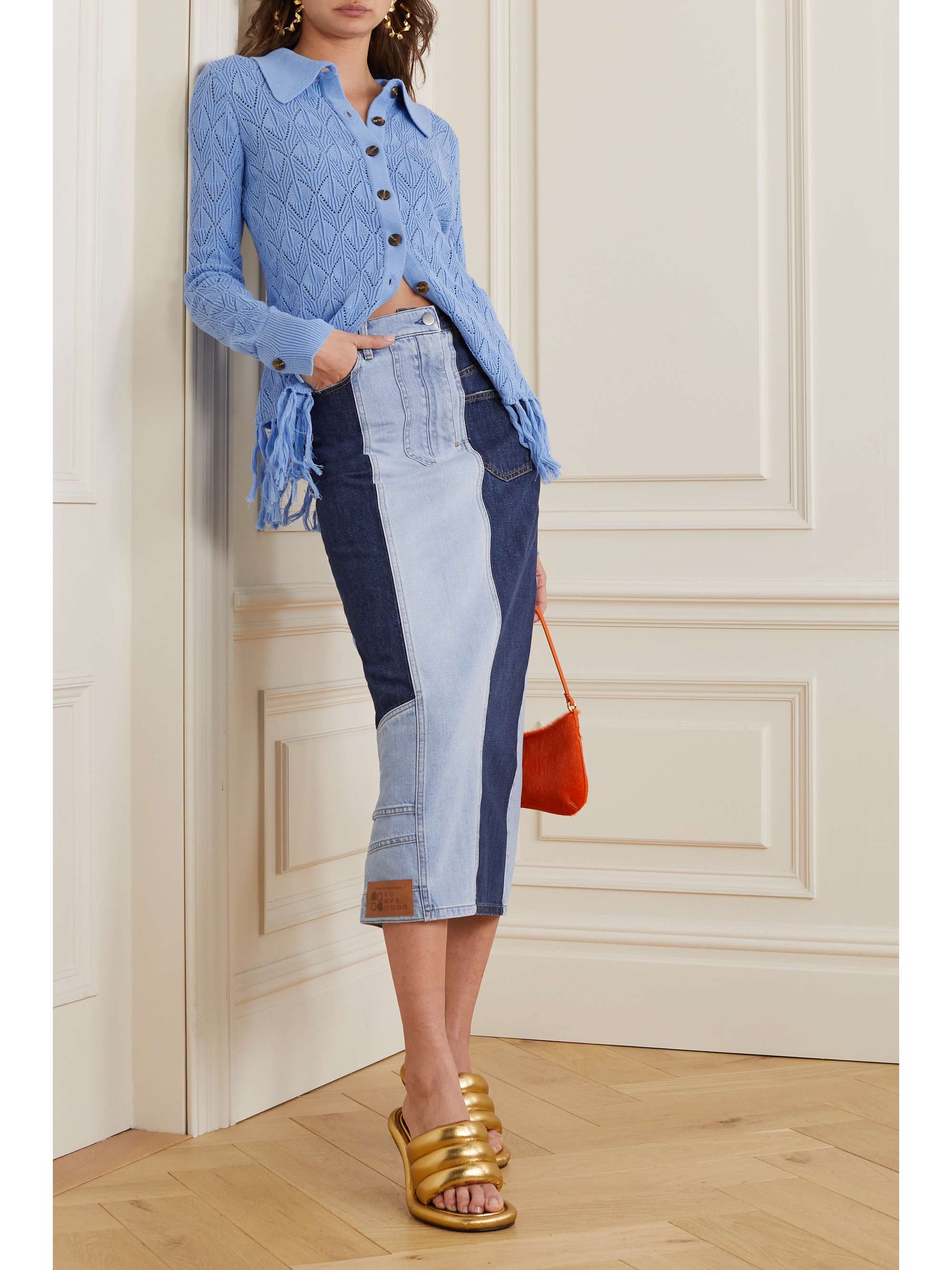 DODO BAR OR Nash two-tone patchwork denim midi skirt