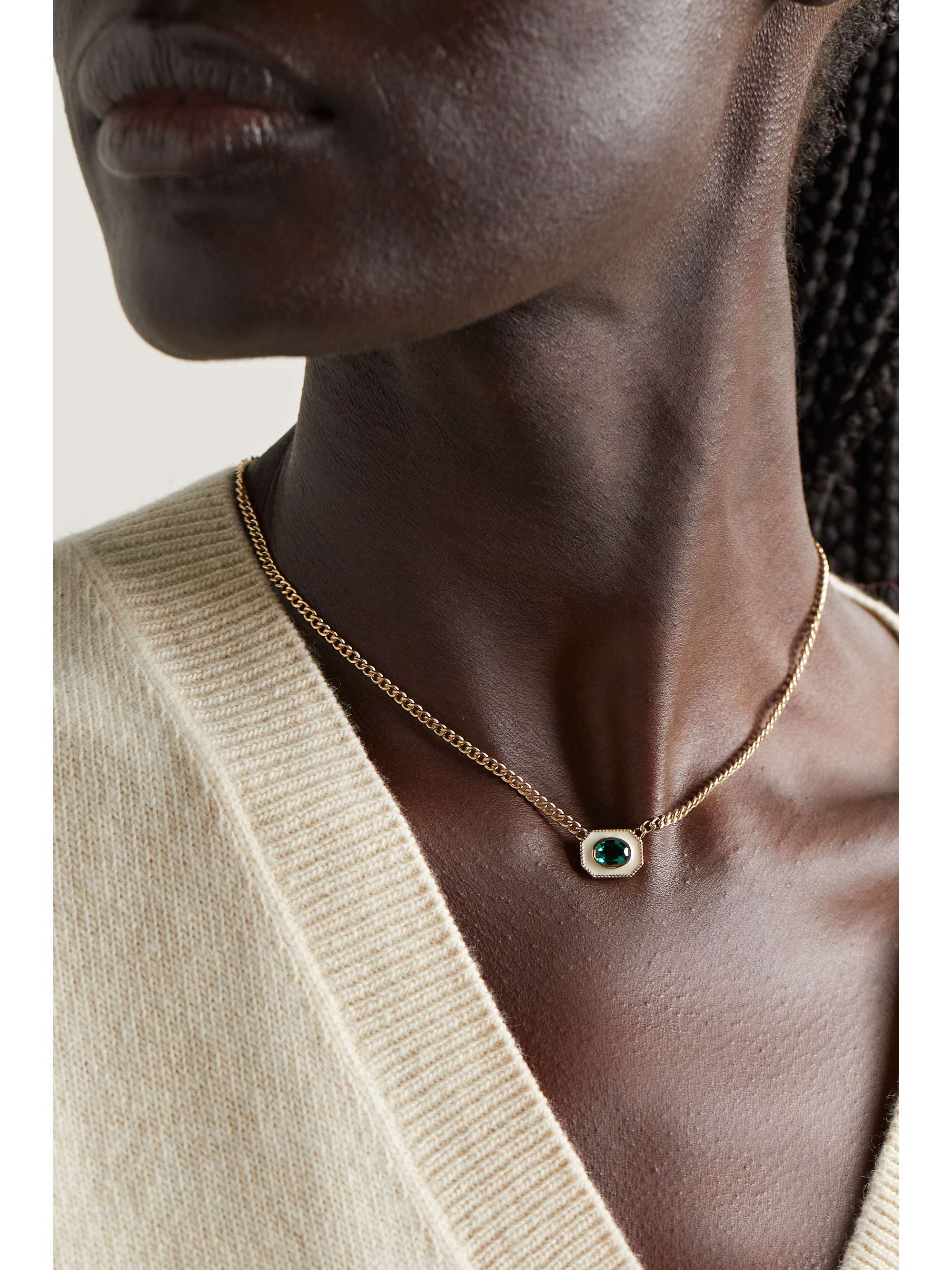 ALISON LOU Bezel Basket 14-karat gold, emerald and enamel necklace