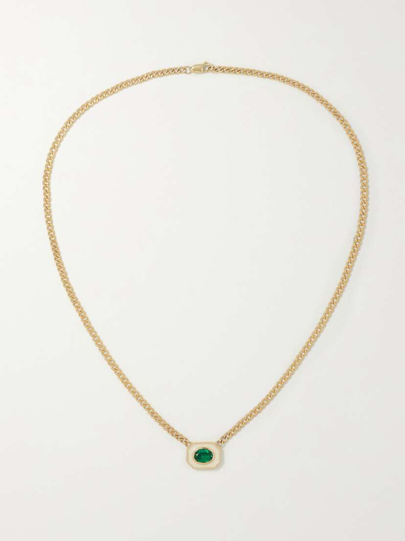 Alison Lou Bezel Basket 14-karat Gold, Emerald And Enamel Necklace