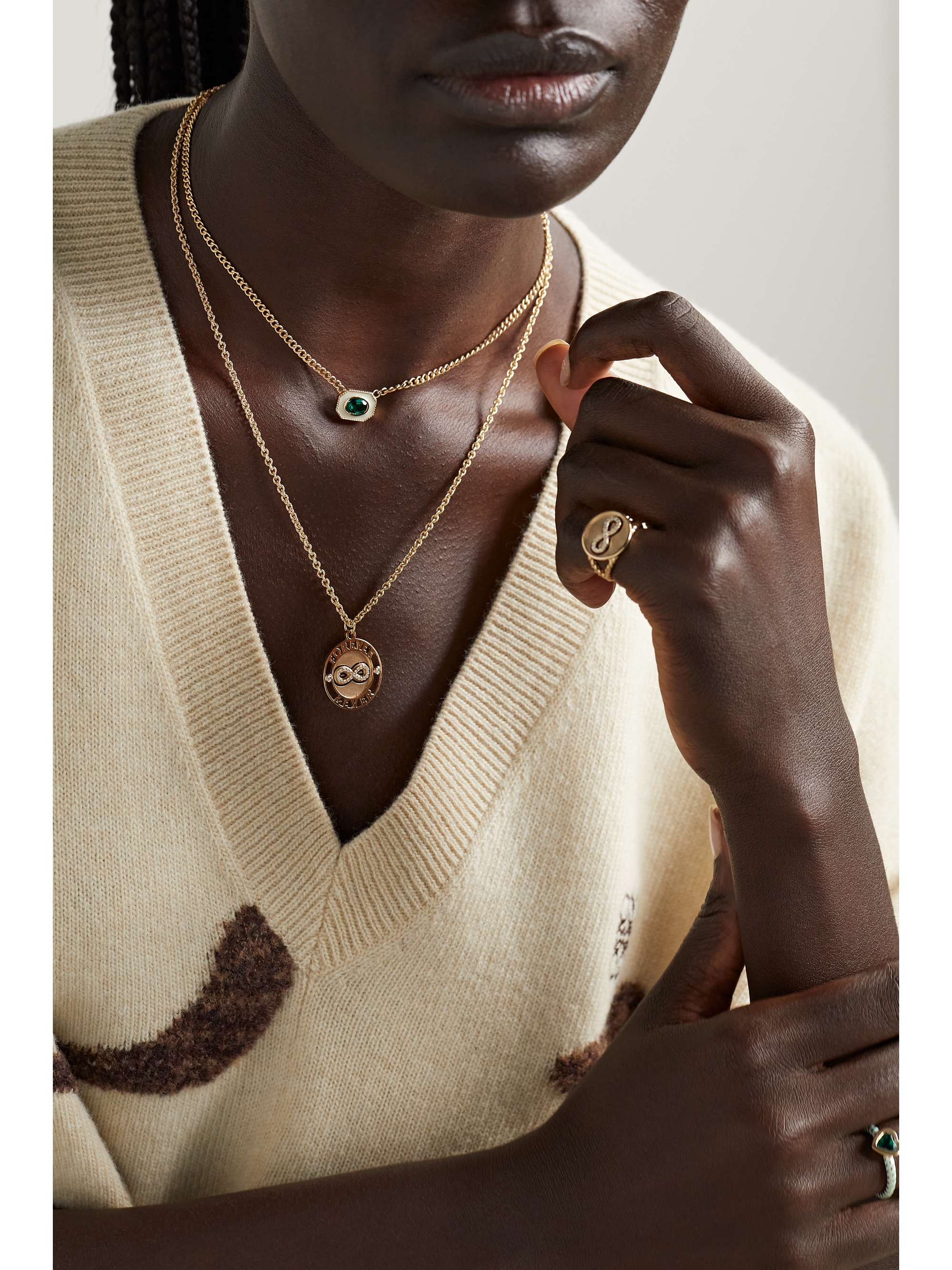 ALISON LOU Bezel Basket 14-karat gold, emerald and enamel necklace