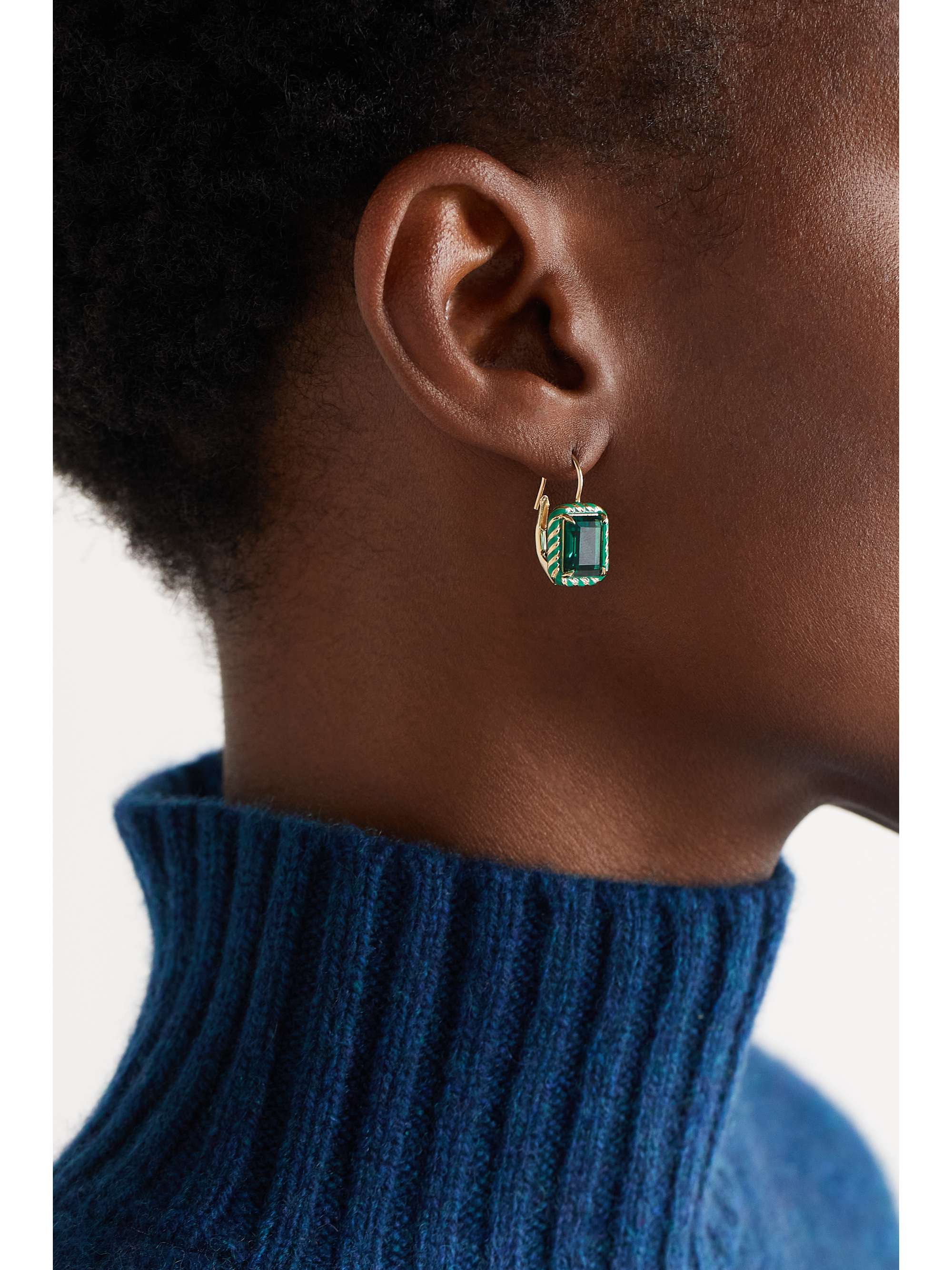 ALISON LOU Streamer Cocktail 14-karat gold, laboratory-grown emerald and enamel earrings