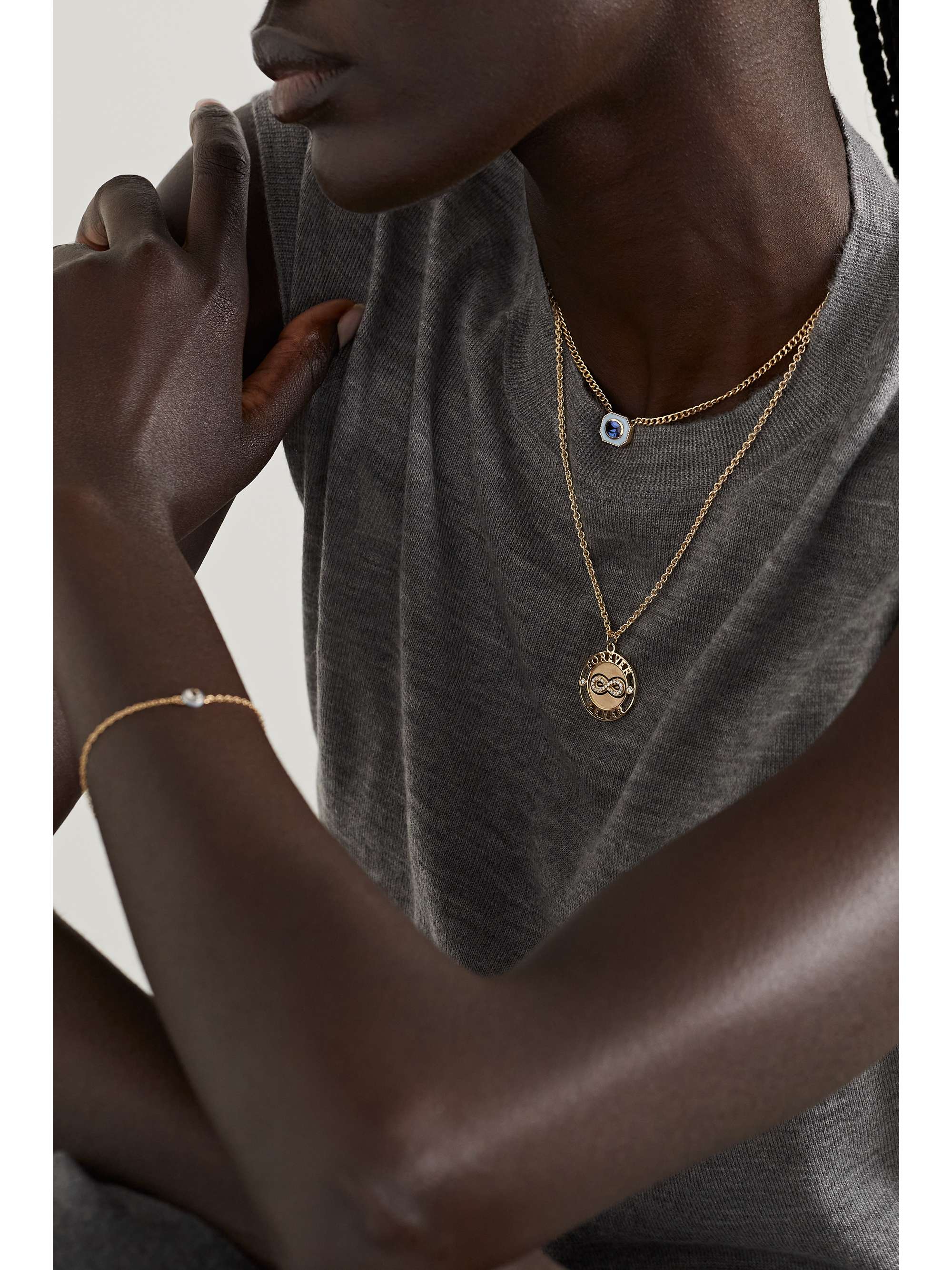 ALISON LOU Bezel Basket 14-karat gold, emerald and enamel necklace