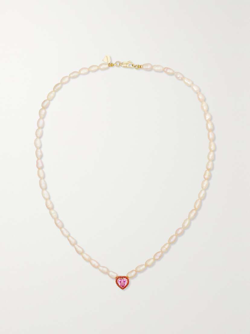 Alison Lou Heart Streamer 14-karat Gold, Laboratory-grown Sapphire, Pearl And Enamel Necklace