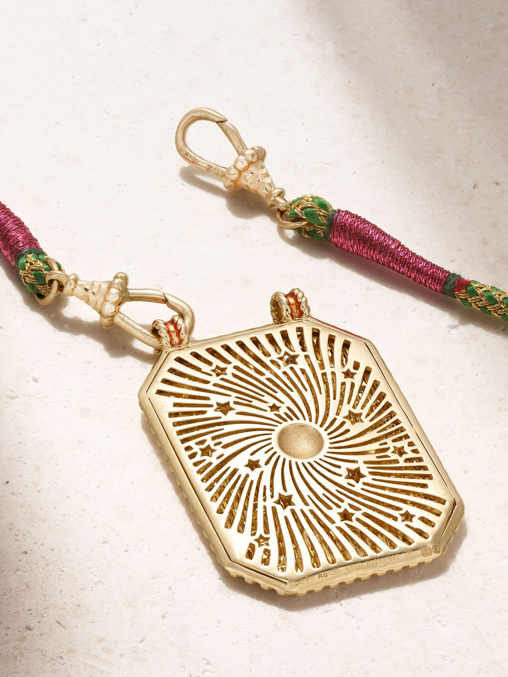 MARIE LICHTENBERG Pink Mushroom 14-karat gold, silk, enamel and diamond necklace