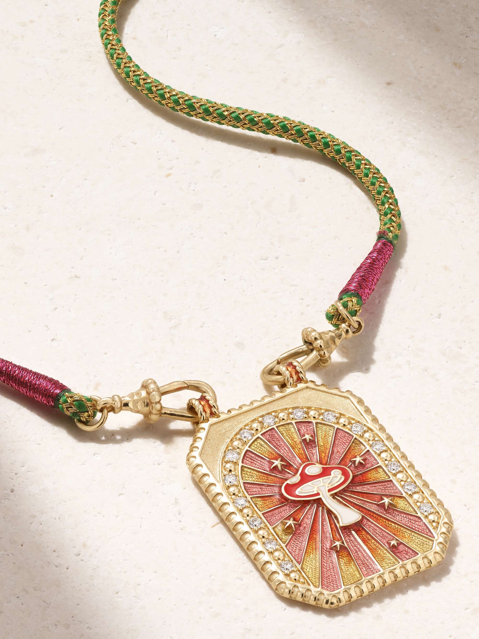 MARIE LICHTENBERG Pink Mushroom 14-karat gold, silk, enamel and diamond necklace