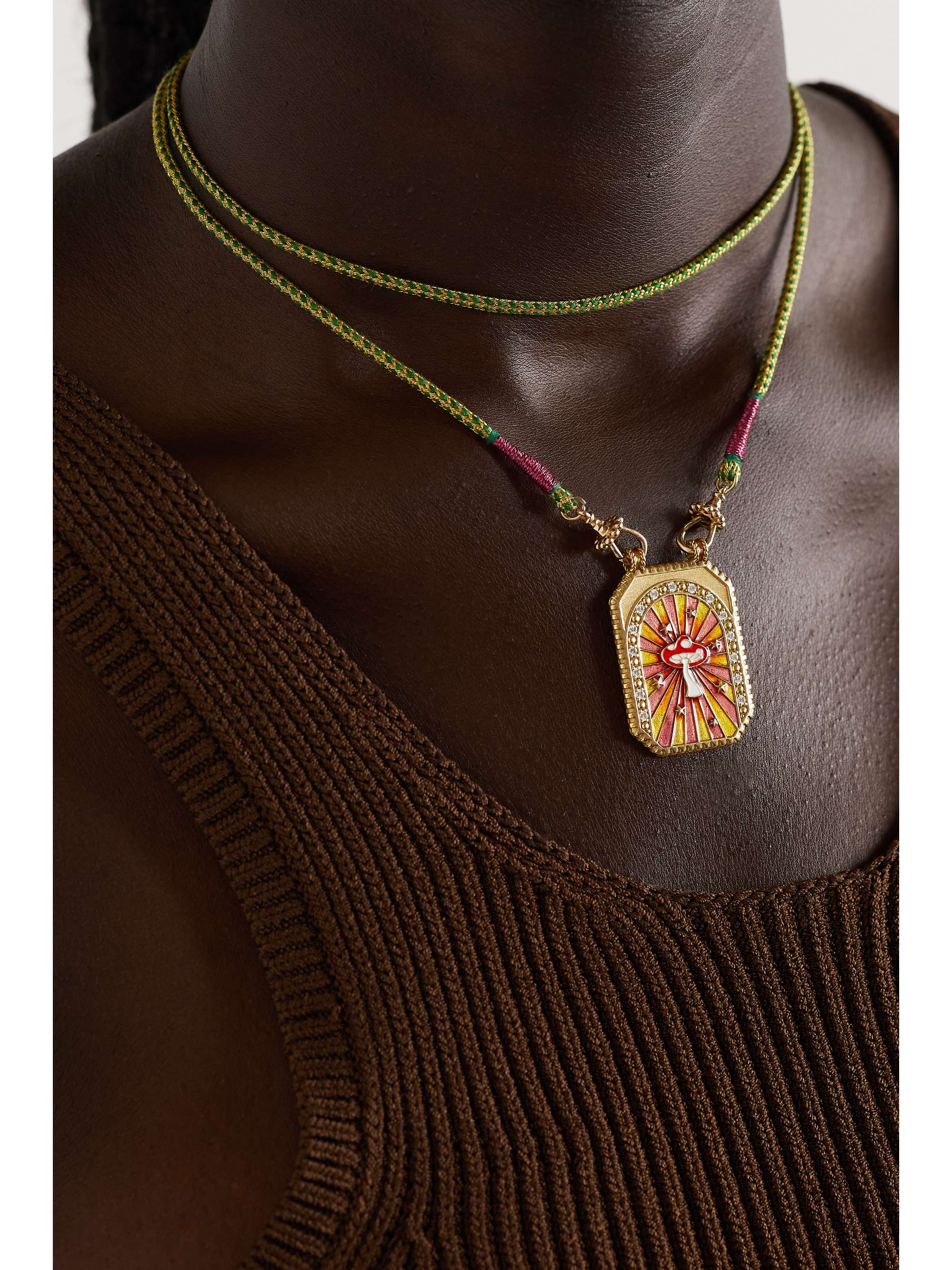MARIE LICHTENBERG Pink Mushroom 14-karat gold, silk, enamel and diamond necklace