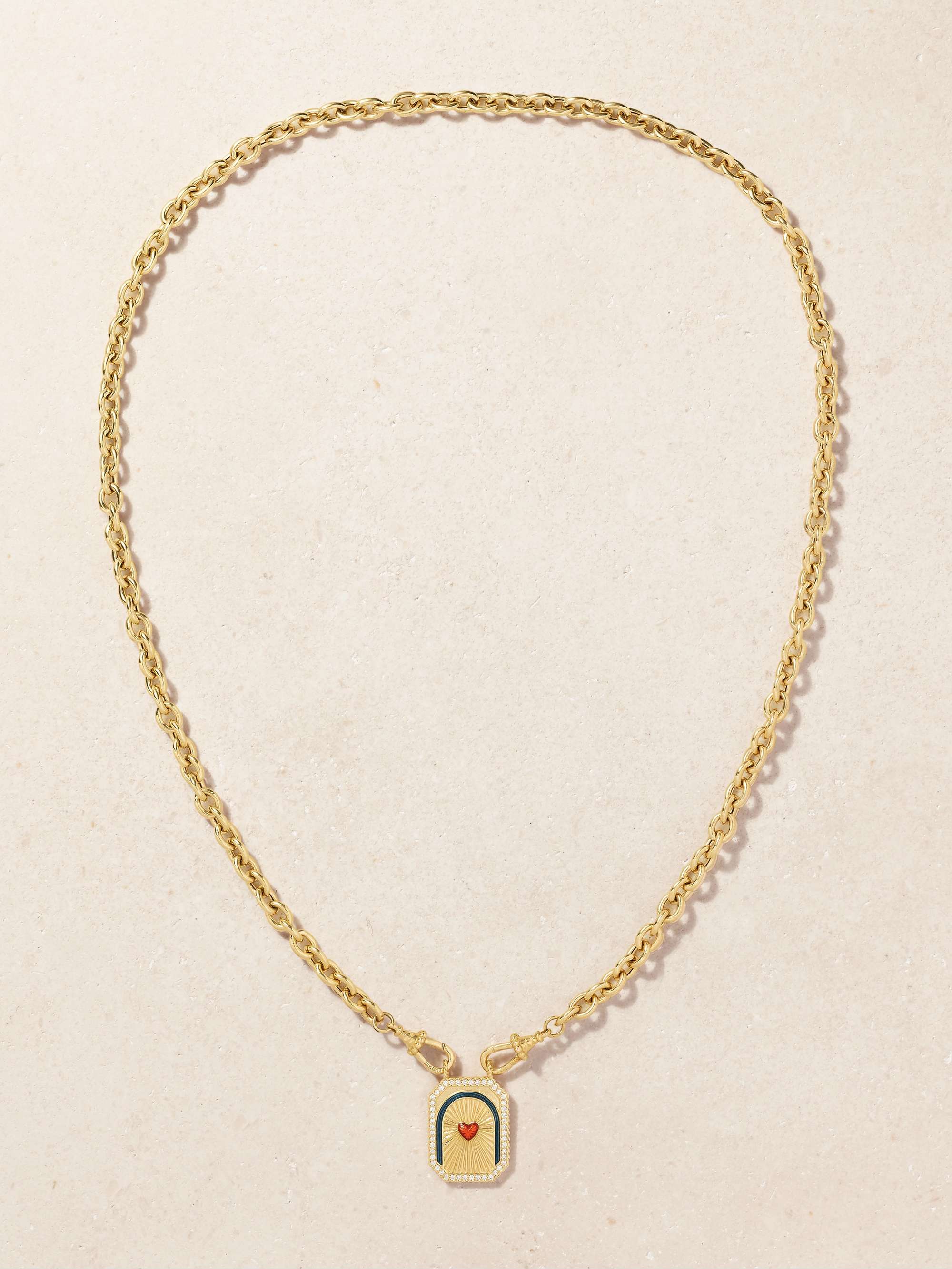 MARIE LICHTENBERG Heart Mini Scap 14-karat gold, cord, enamel and diamond necklace