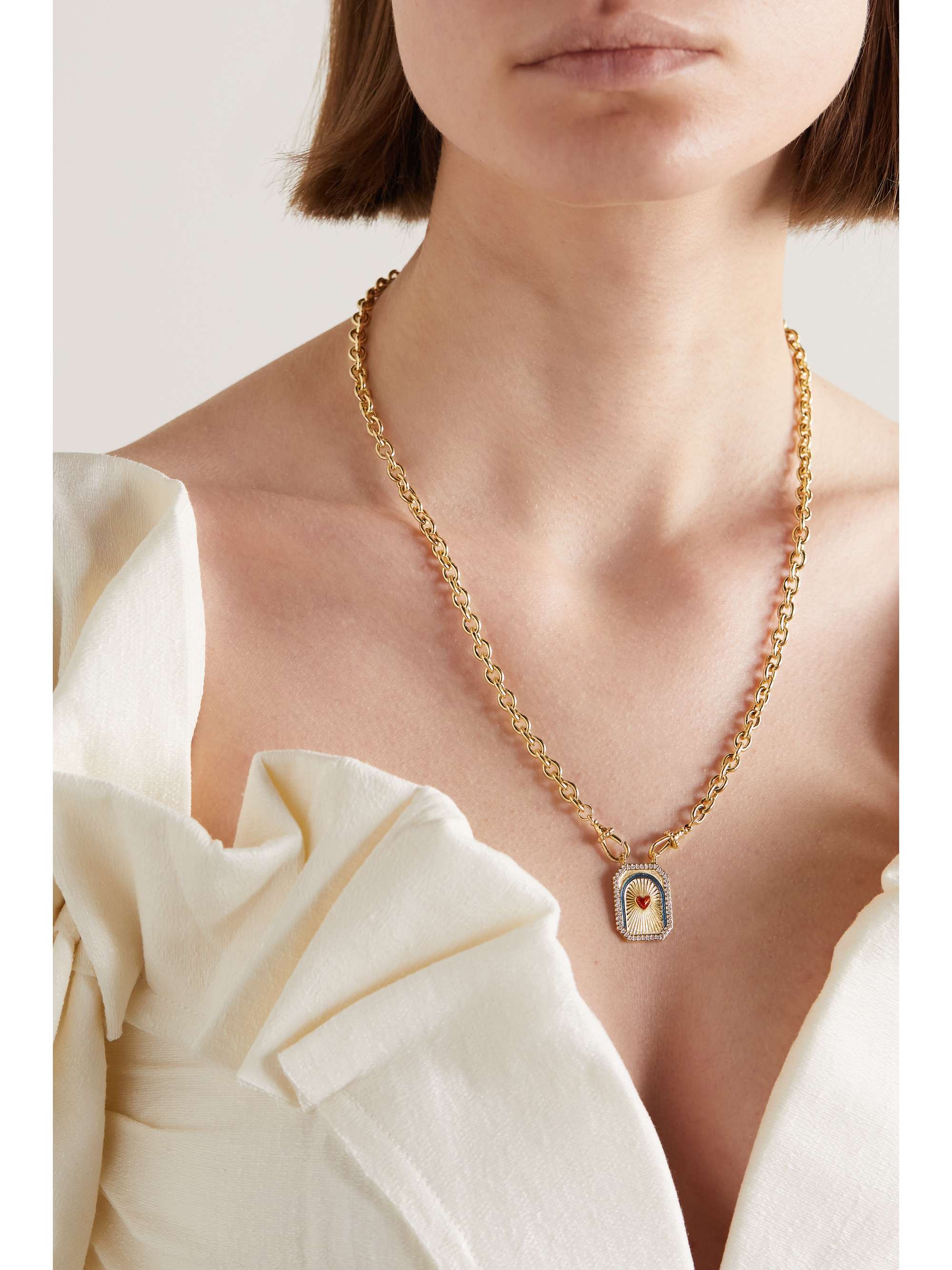 MARIE LICHTENBERG Heart Mini Scap 14-karat gold, cord, enamel and diamond necklace