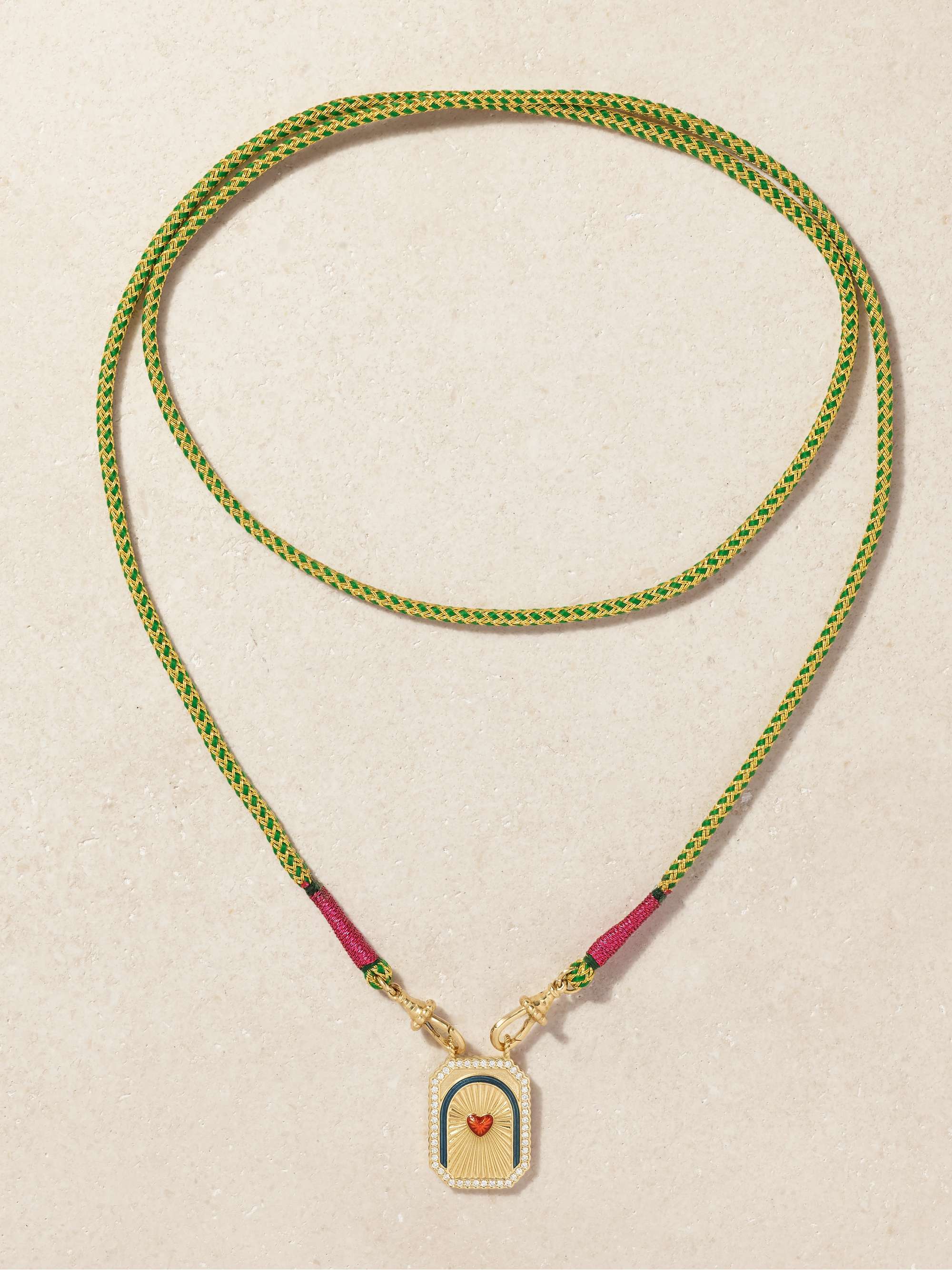 MARIE LICHTENBERG Heart Mini Scap 14-karat gold, cord, enamel and diamond necklace