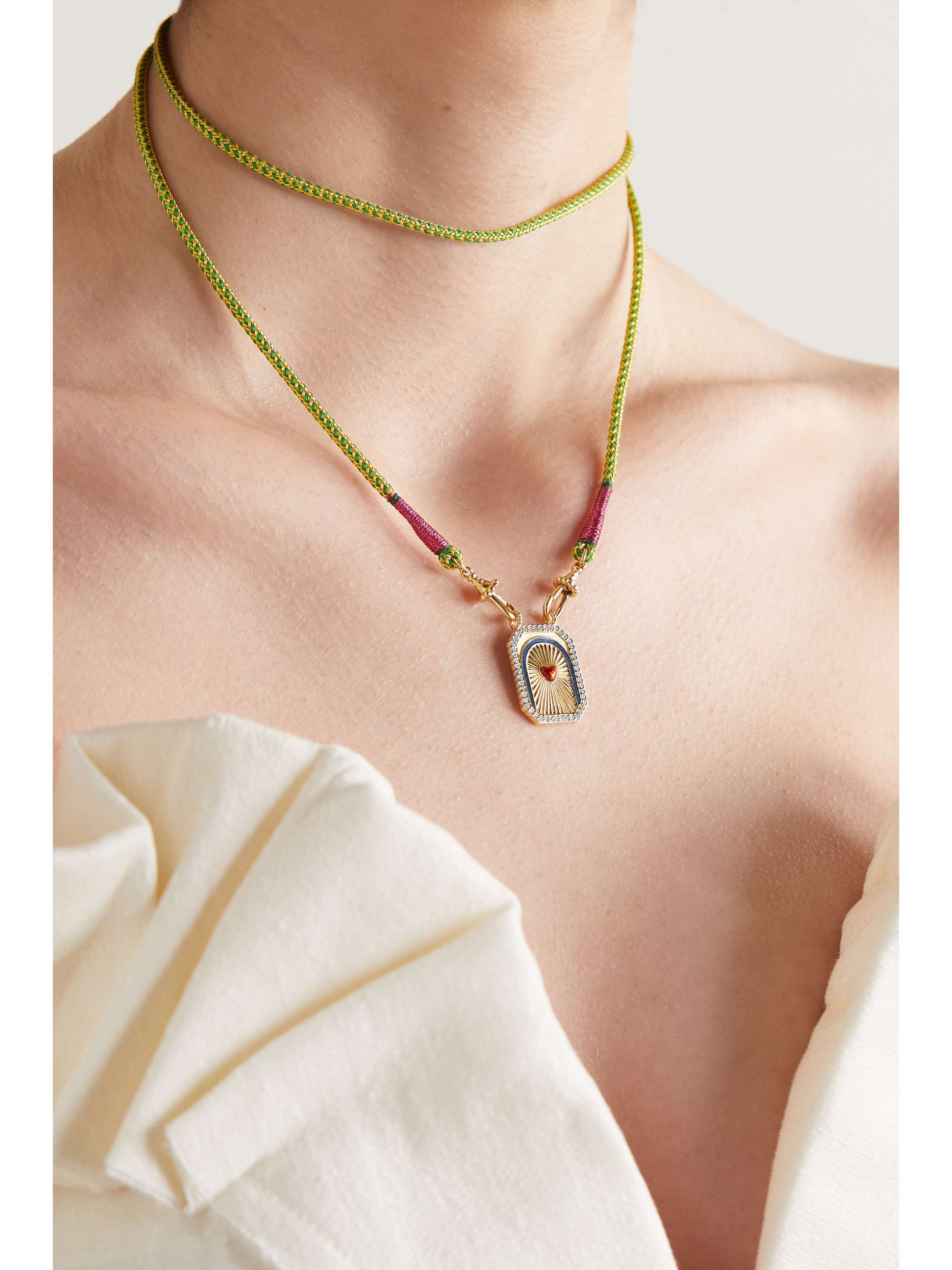 MARIE LICHTENBERG Heart Mini Scap 14-karat gold, cord, enamel and diamond necklace