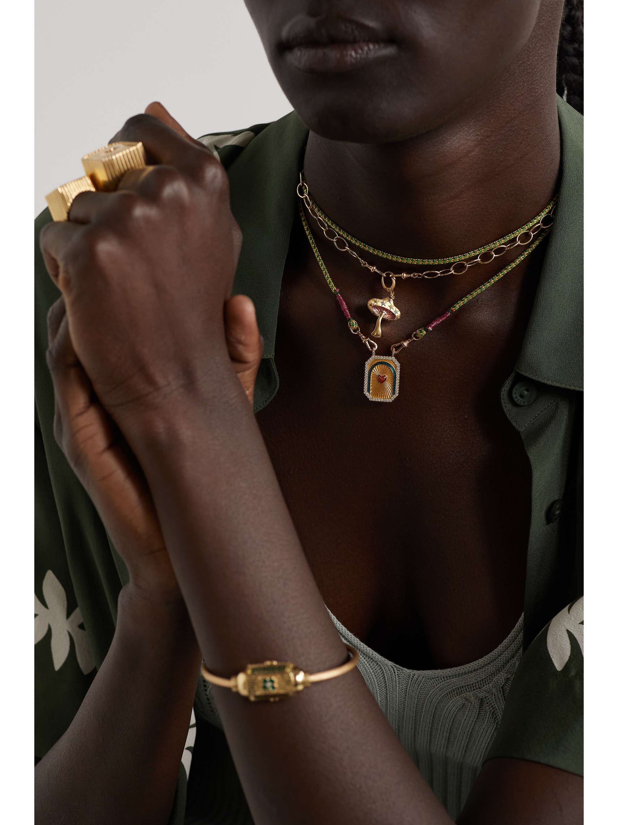MARIE LICHTENBERG Mushroom 14-karat gold, enamel and sapphire necklace