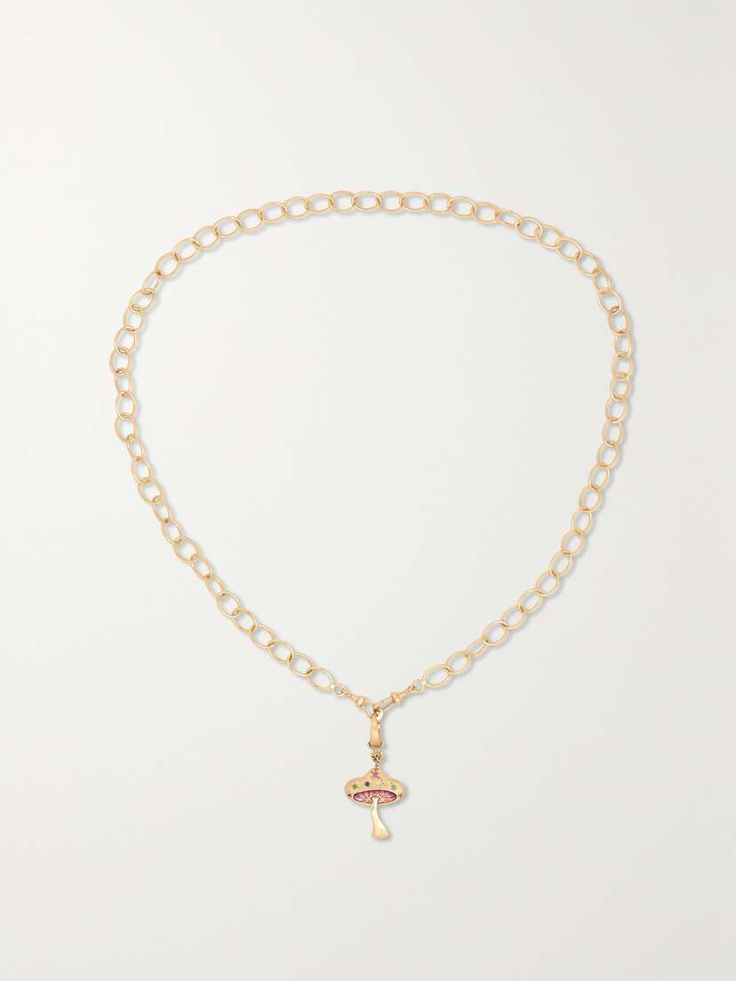 Marie Lichtenberg Mushroom 14-karat Gold, Enamel And Sapphire Necklace