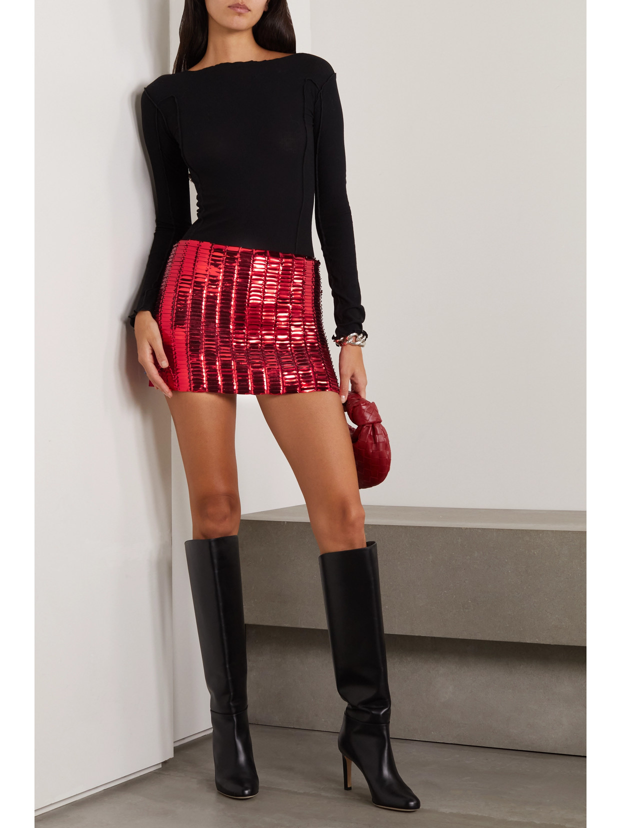 Shop Attico Rue Paillette-embellished Crepe Mini Skirt In Red